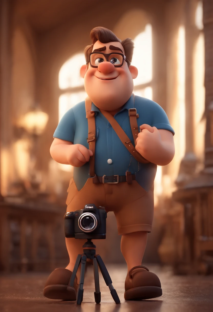 Personagem de desenho animado de chubby photographer man with little hair and beard, small eyes, high nose and big lips, wearing black t-shirt and holding a camera, blue pants, White sneakers and holding a Canon professional still camera, um personagem animado, Caractere estilizado, animation style rendering, 3D estilizado, Arnold Maya render, 3 d render stylized, toon render keyshot, Personagem 3D, Personagem 3D, 3d rendering stylized, 3 d character render, personagem de desenho animado, Personagem de close up, Pose de personagem, (Estilo Pixar) (master part:1.2) (Bokeh) (best quality) (pele detalhada) (textura detalhada) (8k) (argila) (Cinematic lighting) (foco nítido，Senta e vaza a parte superior do corpo