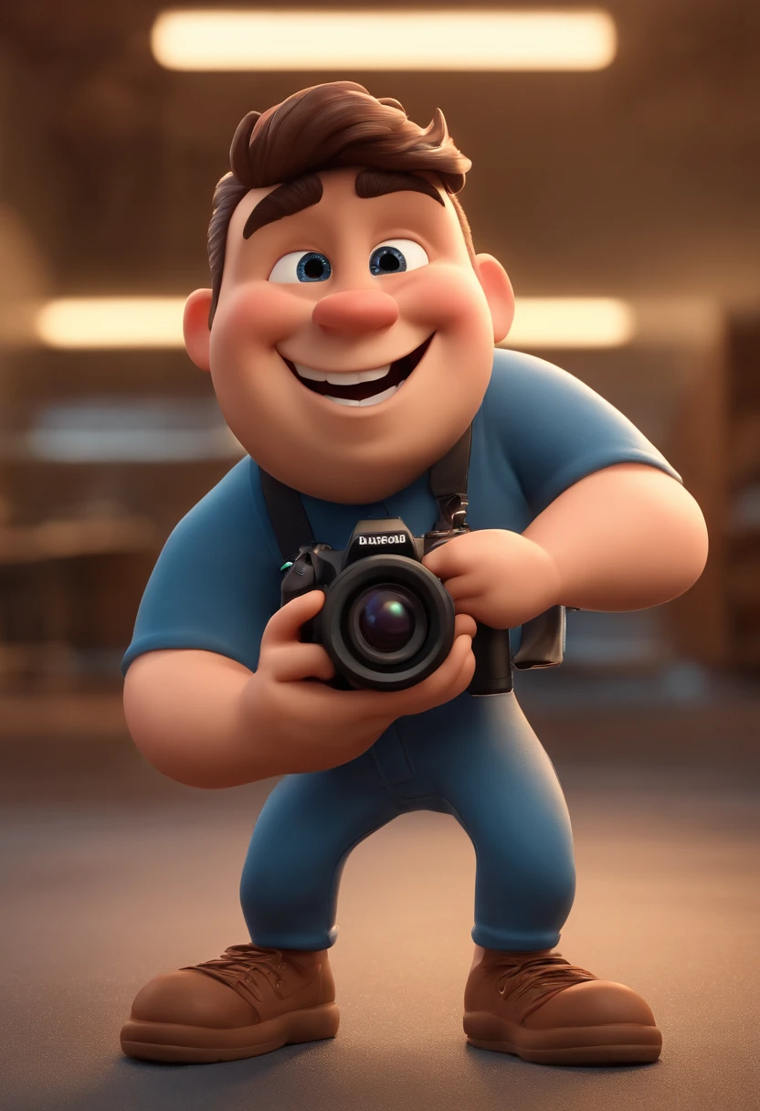 Personagem de desenho animado de chubby photographer man with little hair and beard, small eyes, high nose and big lips, wearing black t-shirt and holding a camera, blue pants, White sneakers and holding a Canon professional still camera, um personagem animado, Caractere estilizado, animation style rendering, 3D estilizado, Arnold Maya render, 3 d render stylized, toon render keyshot, Personagem 3D, Personagem 3D, 3d rendering stylized, 3 d character render, personagem de desenho animado, Personagem de close up, Pose de personagem, (Estilo Pixar) (master part:1.2) (Bokeh) (best quality) (pele detalhada) (textura detalhada) (8k) (argila) (Cinematic lighting) (foco nítido，Senta e vaza a parte superior do corpo