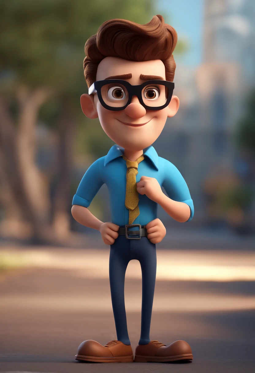 Cartoon character of a man with black glasses and a blue shirt, animation character, Caractere estilizado, animation style rendering, 3D estilizado, Arnold Maya render, 3 d render stylized, toon render keyshot, Personagem 3D, Personagem 3D, 3d rendering stylized, 3 d character render, personagem de desenho animado, Personagem de close up, Pose de personagem,  (Estilo Pixar) (master part:1.2) (Bokeh) (best quality) (pele detalhada) (textura detalhada) (8k) (argila) (Cinematic lighting) (foco nítido