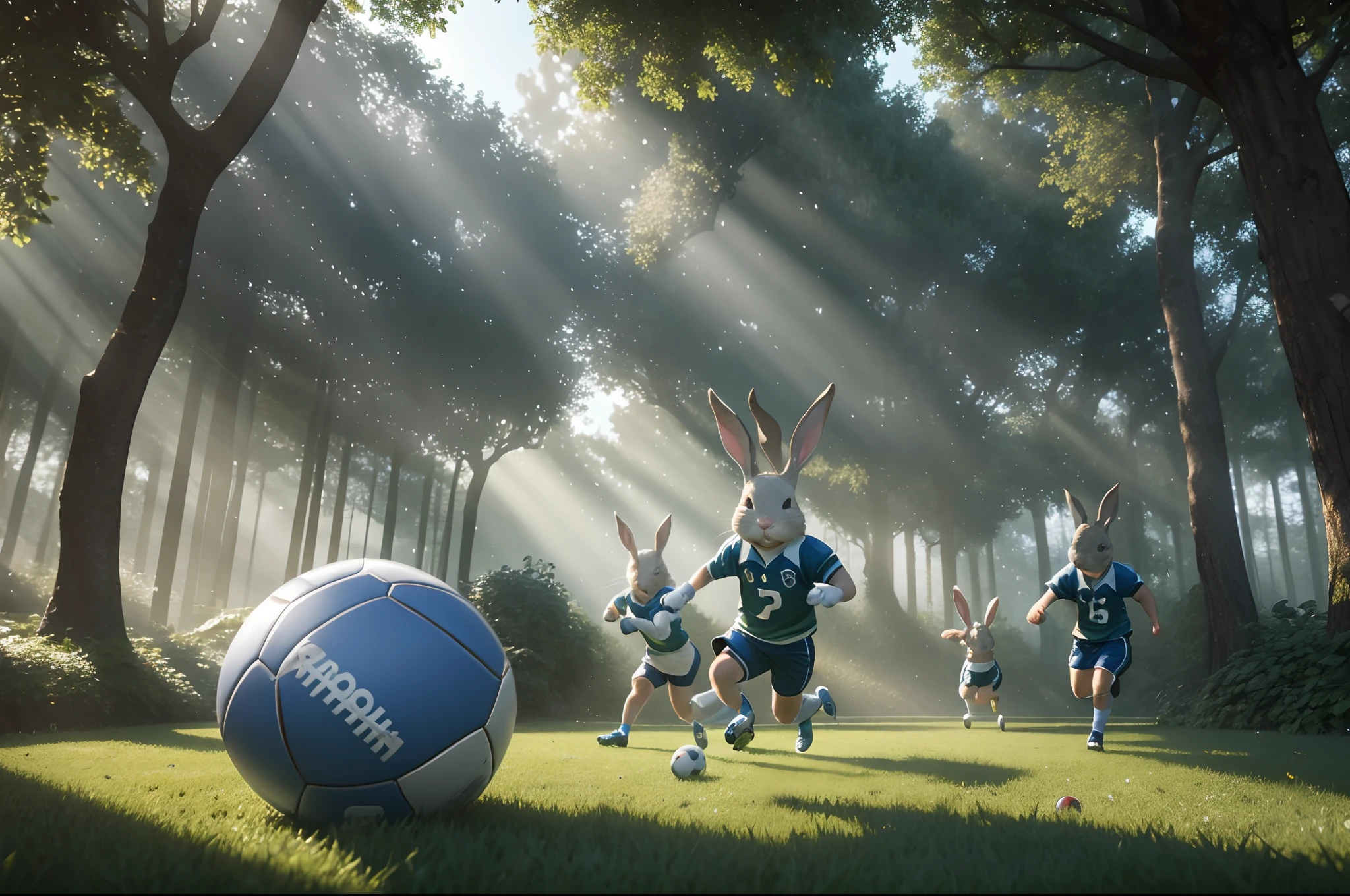 Rabbits with sport clothing playing football in a garden in middle of an enchanted forest, rays of light filtering through the trees, slightly dusty atmosphere above the garden, 3d render, Pixar style, very detailed.