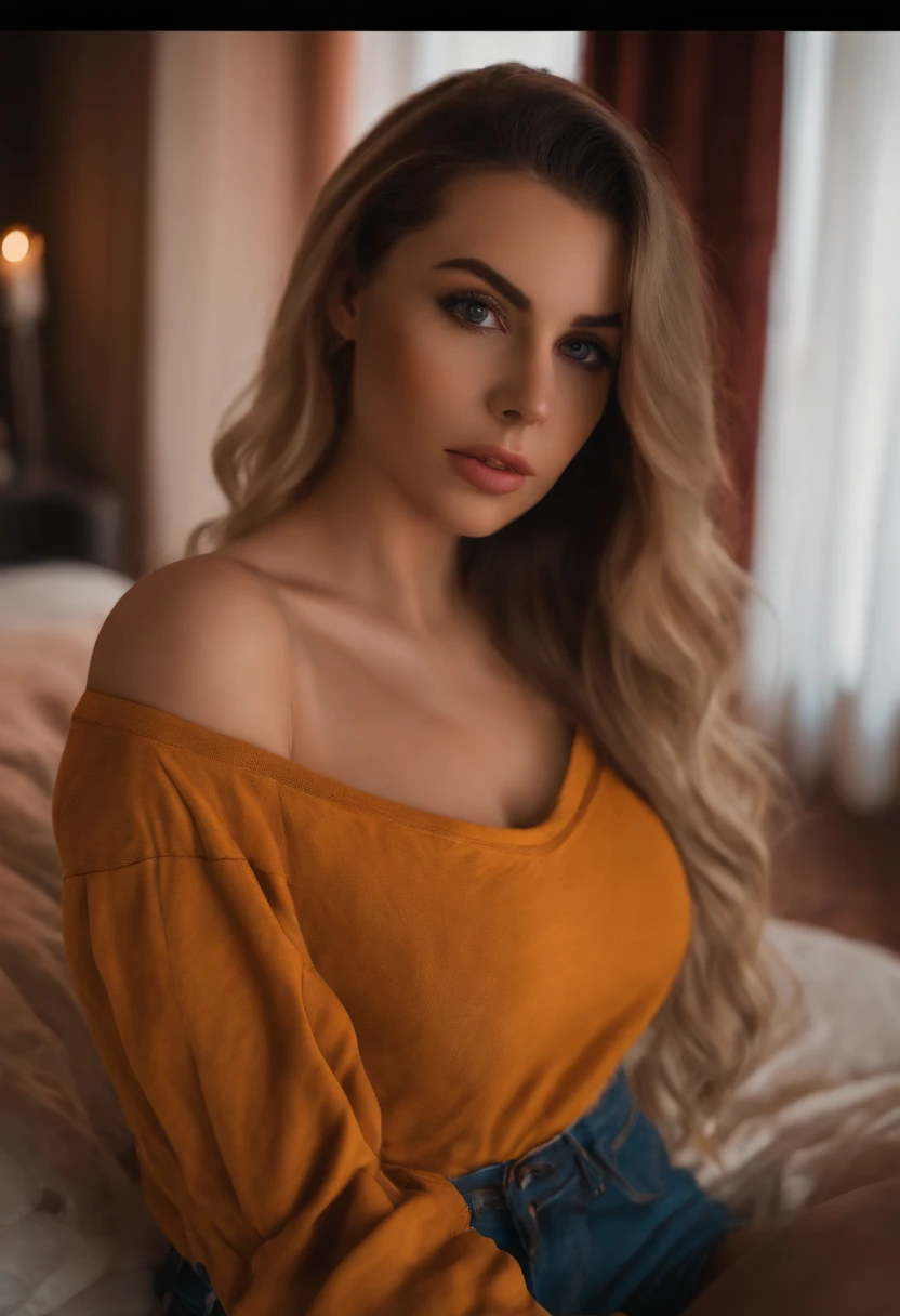 arafed frau voll , Sexy girl with blue eyes, ultra realistisch, Akribisch detailliert, portrait sophie mudd, blonde hair and large eyes, Selfie einer jungen Frau, Augen in einer Disco, Violet Myers, ohne Make-up, Natural makeup, Blick direkt in die Kamera, Gesicht mit Artgram, dezentes Make-up, Stunning full body shot, die auf dem Bett kniet, im Schlafzimmer, medium to large bust size