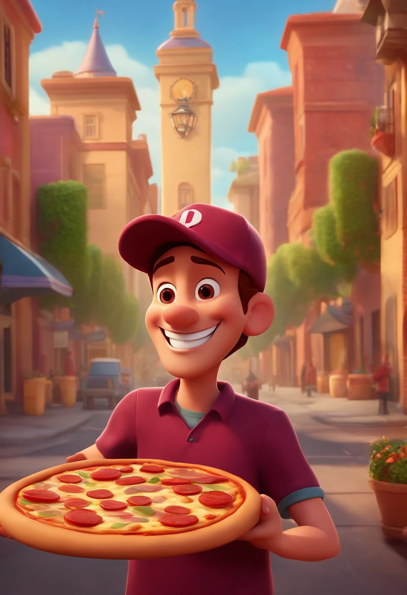 personagem inspirado na disney pixar de um entregador de pizza, He wears a burgundy cap and shirt, is smiling, Holding a pizza box in his hand and in the background is a city