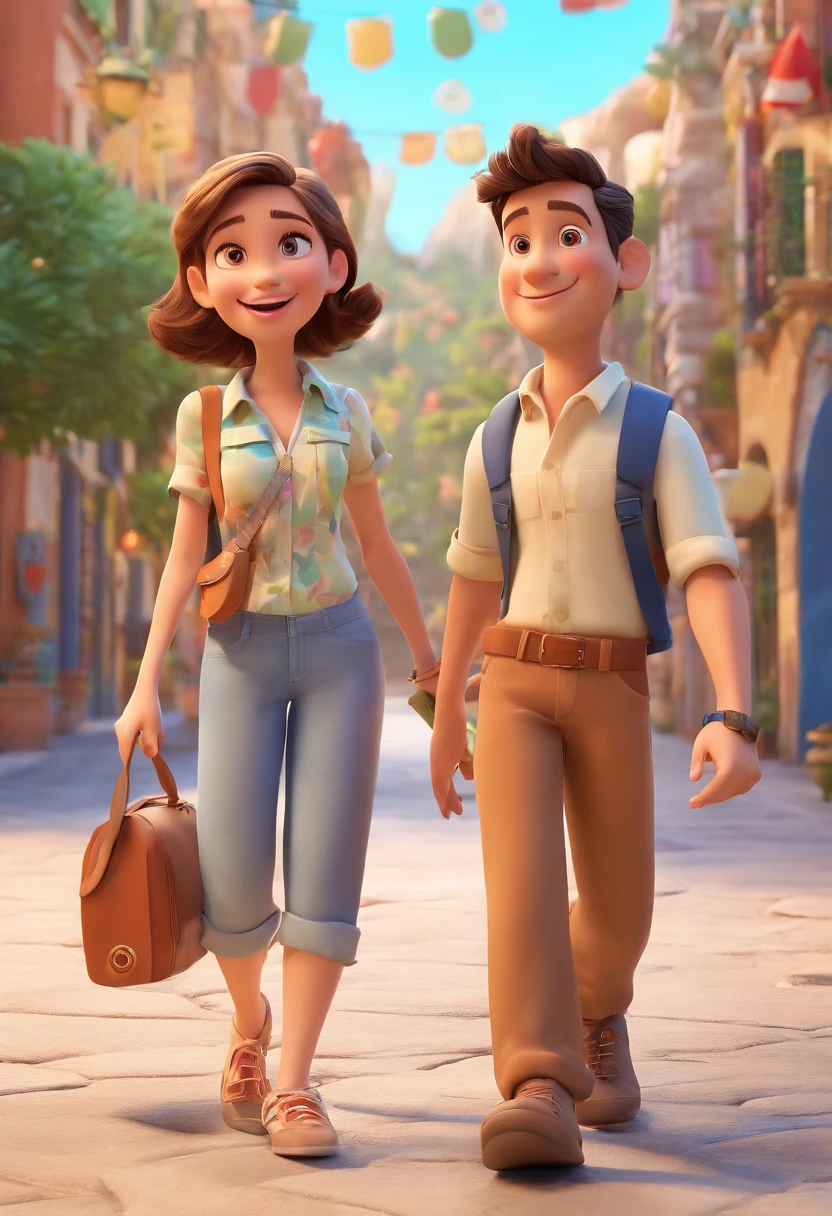 Cartoon of friends having fun on vacation together,  3D Animation Movie Poster, Poster de filme animado, pixar 3 d animation style, pixar renderman rendering, maia 8 mil, animated film, Disney Pixar Estilo 3D, amigos felizes saem juntos, all wearing light blue shirts and cream brown long pants, camisa azul clara, cream brown pants, ao ar livre, vacation, Disney Pixar Animation Poster