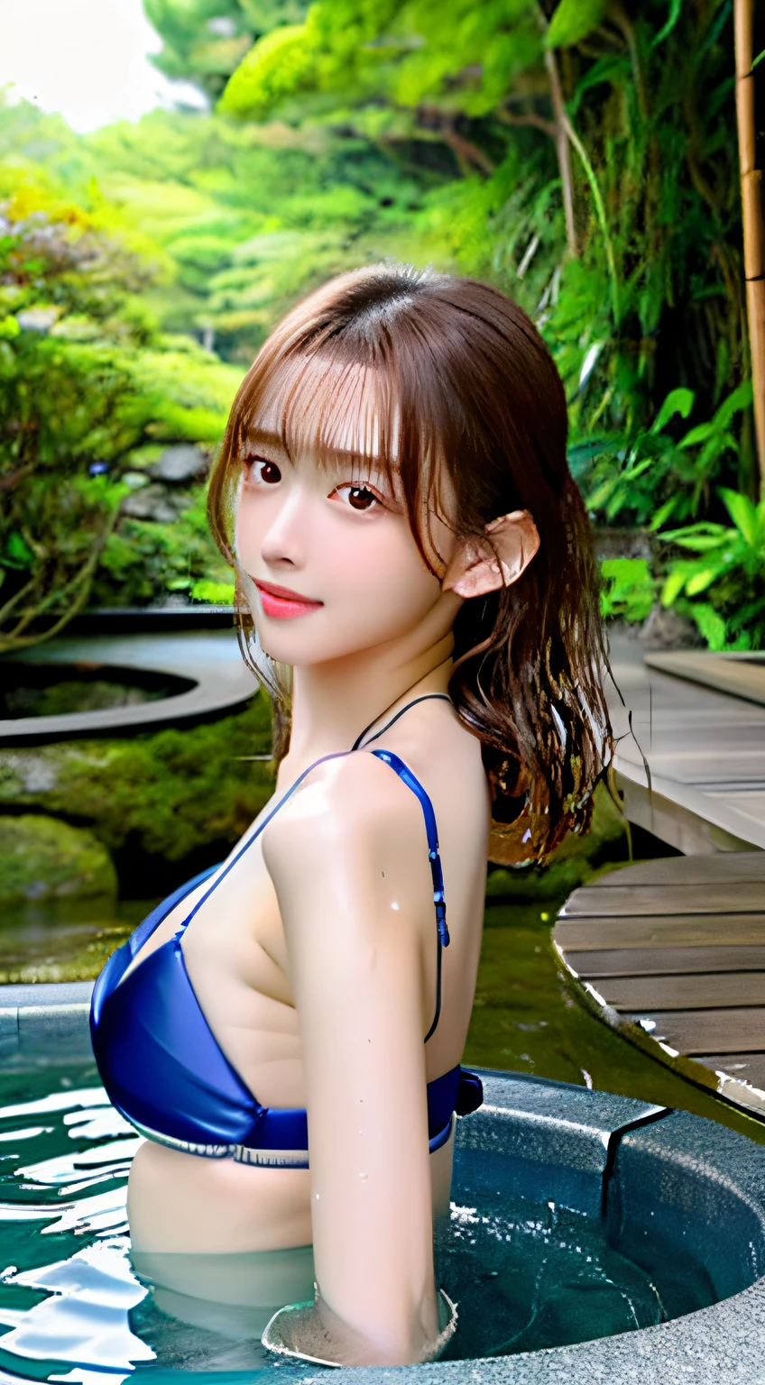 (Best Quality, masutepiece, Ultra HD: 1.3), 1womanl, （middlebreasts）, light brown hair,  Asymmetrical hair , half up ,wetting hair,（slender body shape,Constricted waist）, （Ultra Fine Face）, Delicate lips,（beautidful eyes）, thin blush, eyes are brown, （Wet and shiny skin:1.3）, hide one's hands, Navy blue bikini, (Wet:1.5),(a japanese girl,hposing Gravure Idol),bustshot,Broad-leaved forest,outdoor bath