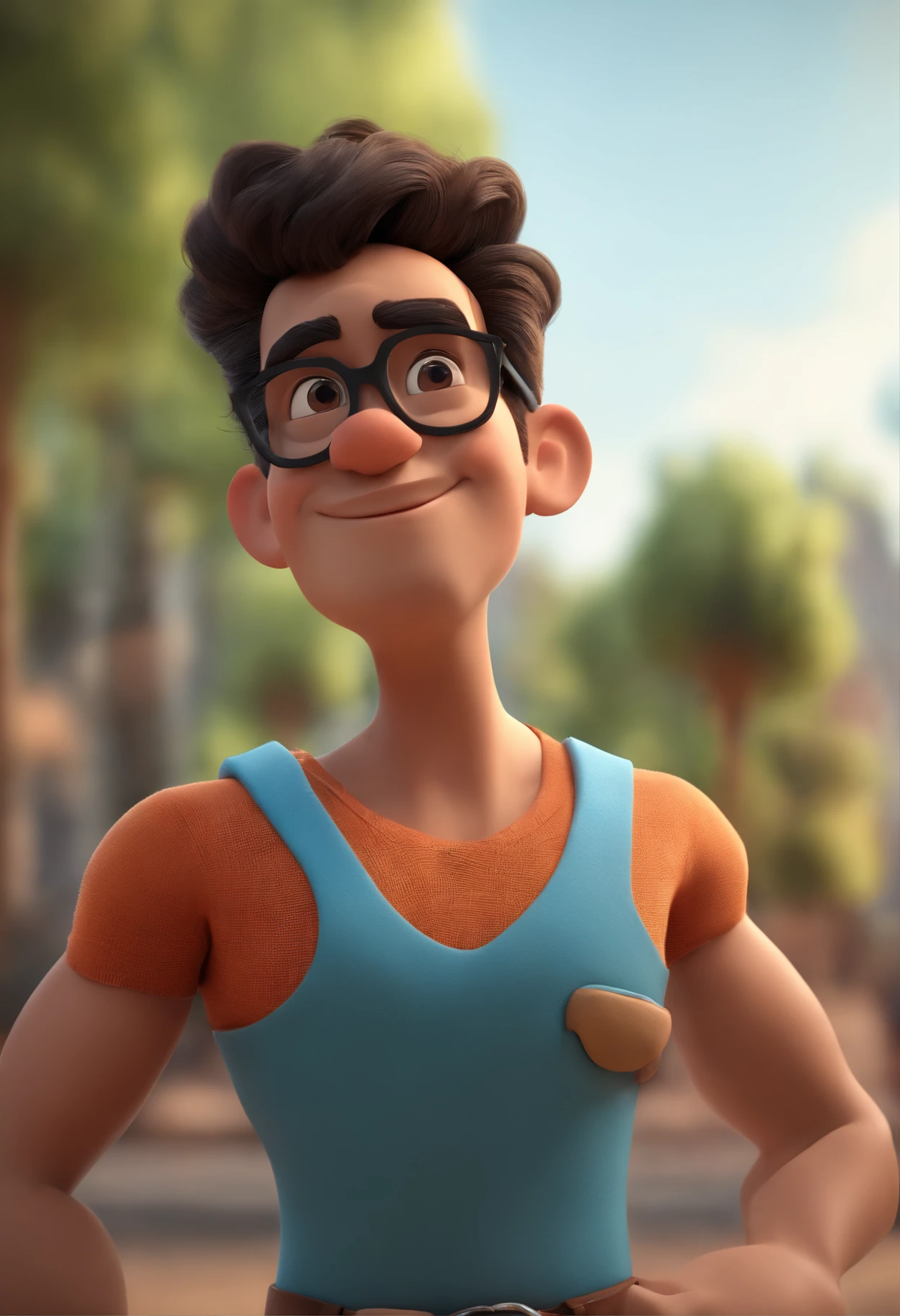 Cartoon character of a man wearing black glasses and a blue shirt, um personagem animado, Caractere estilizado, animation style rendering, 3D estilizado, Arnold Maya render, 3 d render stylized, toon render keyshot, Personagem 3D, Personagem 3D, 3d rendering stylized, 3 d character render, personagem de desenho animado, Personagem de close up, Pose de personagem, (Estilo Pixar) (master part:1.2) (Bokeh) (best quality) (pele detalhada) (textura detalhada) (8k) (argila) (Cinematic lighting) (foco nítido,Senta e vaza a parte superior do corpo