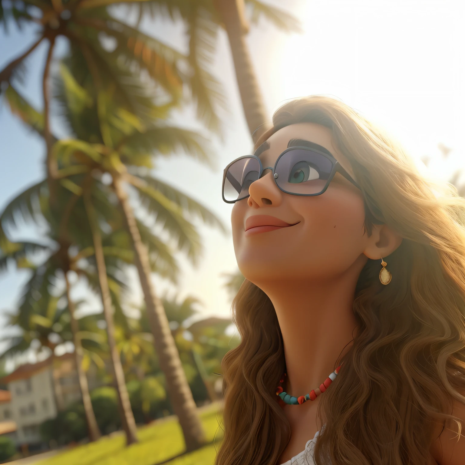 Araffe woman with sunglasses looking at the sky in a park, imagem de perfil, in the sunset, com palmeiras nas costas, in the sunset, with sunset, Hora do dia ensolarado, ao sol, perto da praia, com o sol brilhando sobre ele, dia ensolarado brilhante, inspirado em Maria Helena Vieira da Silva, lindo dia ensolarado
