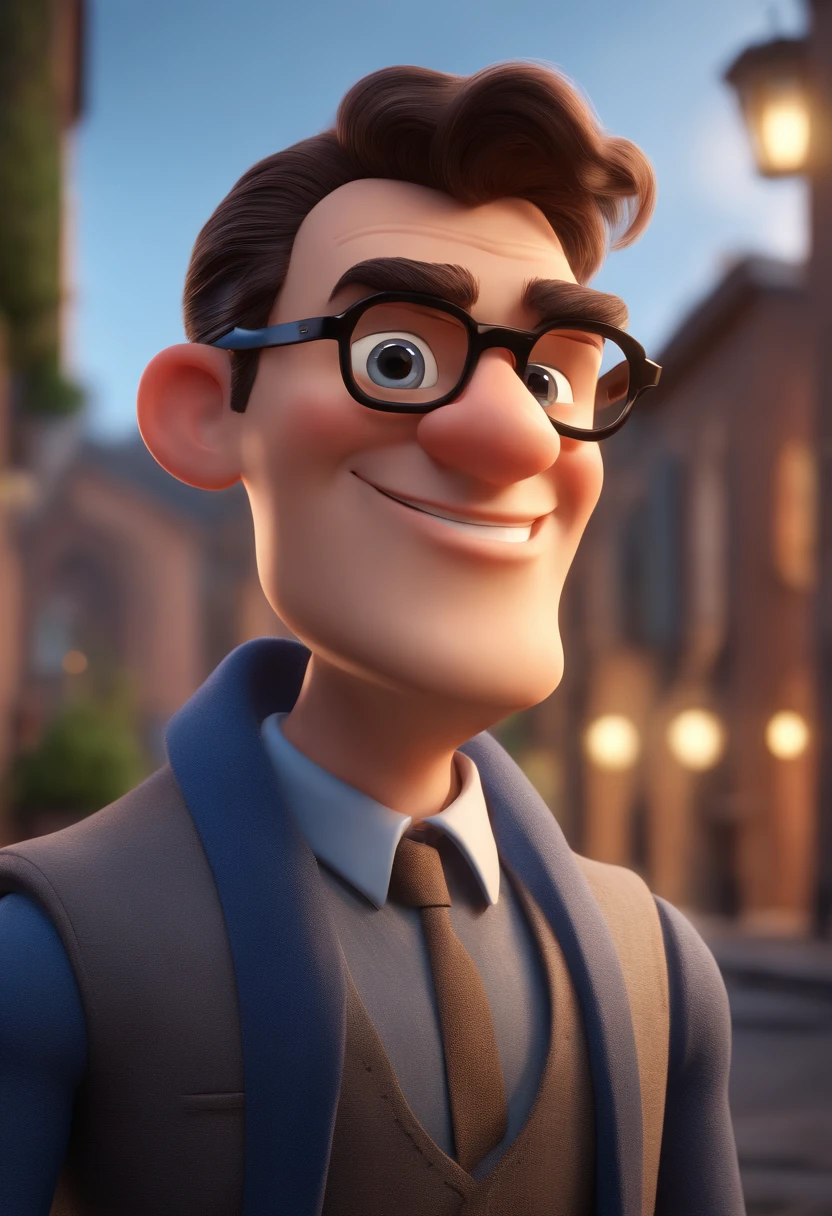 Cartoon character of a man with black glasses and a blue shirt, Short Hair Spiky Animation Character, Caractere estilizado, animation style rendering, 3D estilizado, Arnold Maya render, 3 d render stylized, toon render keyshot, Personagem 3D, Personagem 3D, 3d rendering stylized, 3 d character render, personagem de desenho animado, Personagem de close up, Pose de personagem, (Estilo Pixar) (master part:1.2) (Bokeh) (best quality) (pele detalhada) (textura detalhada) (8k) (argila) (Cinematic lighting) (foco nítido