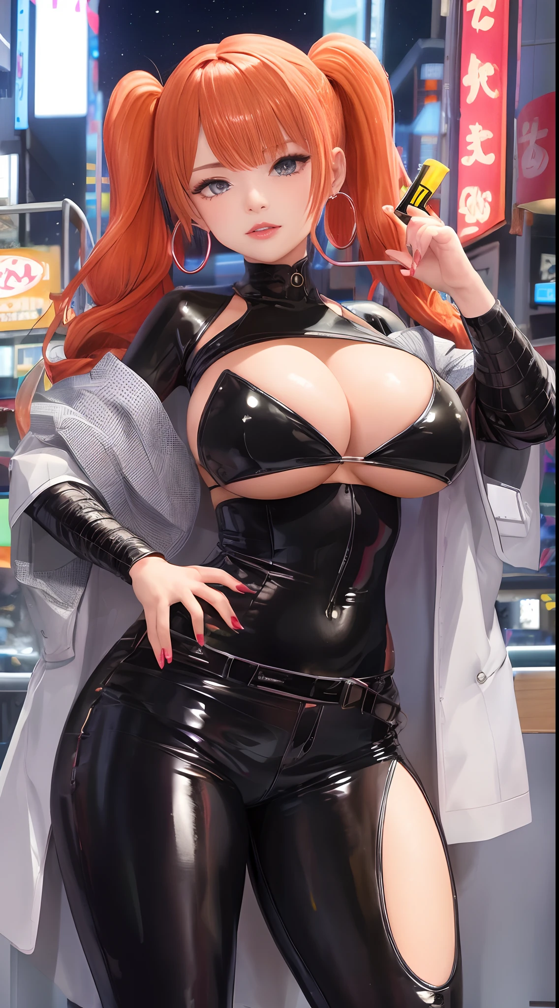 1girl, (((bimbo))),hoop earrings, puffy lips, painted lips, thick lips. orange hair, short twintails, wide hips, thick thighs, latex tight pants, bursting breasts Nightlife, Night city, Cyberpunk city, futuristic cityscape. Neon lights, (skyscraper:1.1), Tokyo tower, palm tree, cloth sign, ramen stall, night club. bright city lights, exotic car. alcohol, bar, ramen, soup stall ,alcohol bottles,