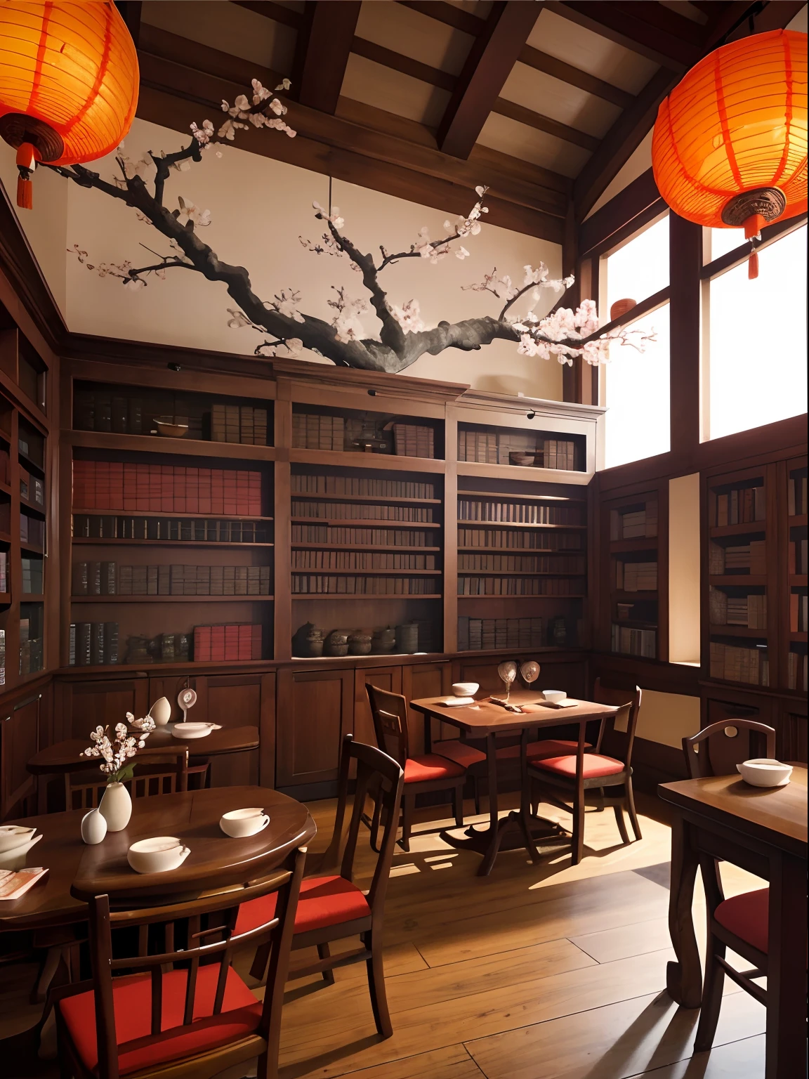 tearoom,Interior view,A plum blossom,a warm color palette,janelas,Ancient Chinese lanterns,The smell of books,SakuraNS,The smell of books,tmasterpiece,highest quality