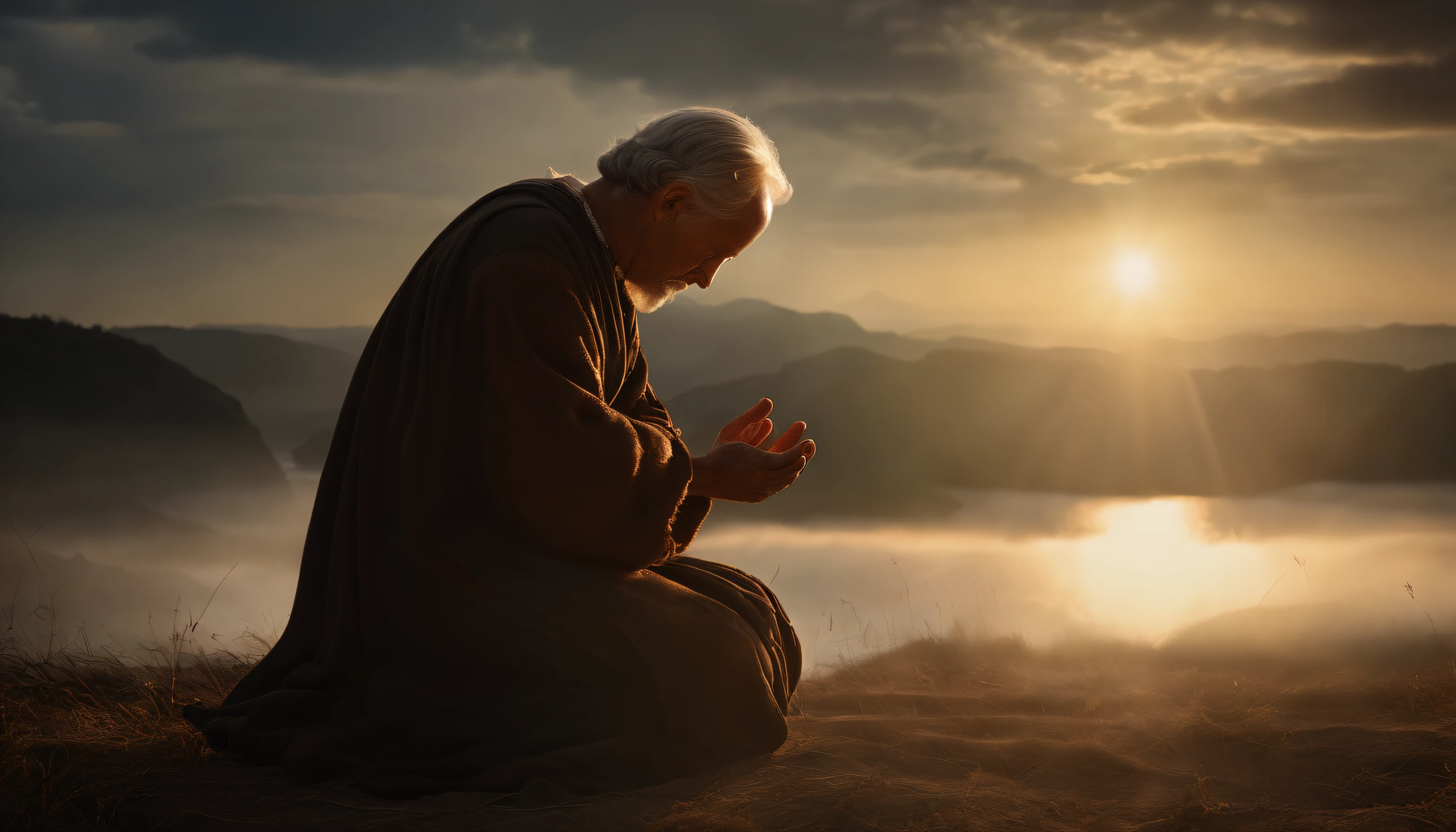 Imagine a high-resolution, photorealistic image that exquisitely captures a person genuinely praying. The person is kneeling with both hands carefully joined, in a gesture of deep devotion. The backlight is absolutely realistic, emanating from a celestial source and filling the scene with a soft, natural glow. Every detail of the image is offered, from the wrinkles on the subject's hands to the subtle nuances of shadow and light on their face. The image quality is exceptional, with textures, cores and details that seem to pop off the screen. This image is an impressive representation of faith and spirituality, capable of touching the hearts of those who contemplate it.