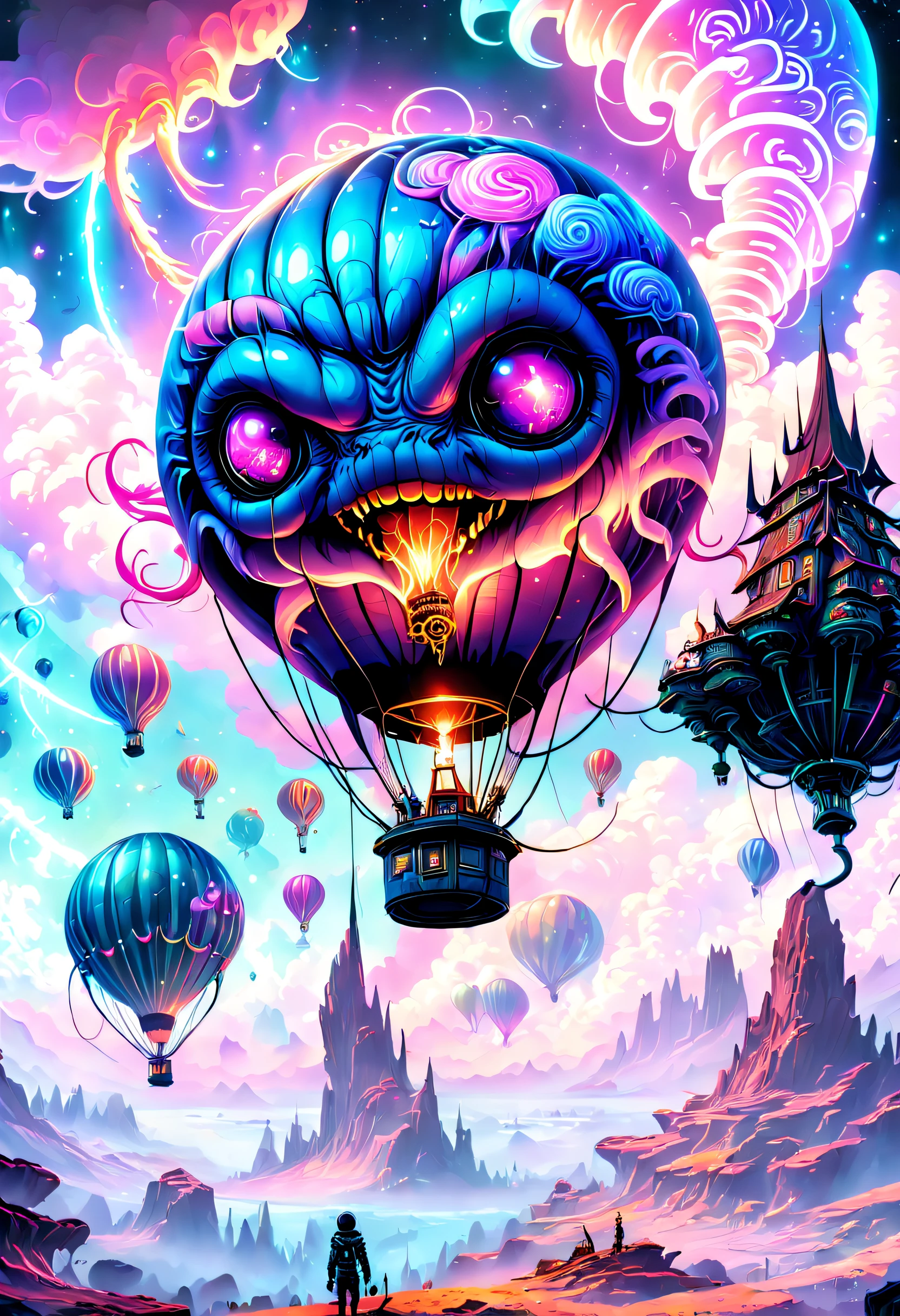 （（tmasterpiece，best qualtiy）），Beautiful 8K Ultra HD professional photos, Sharp focus, In a stunning fantasy world, A hot air balloon over a futuristic city，Retro cyberpunk，Strange hot air balloons,Colorful,A hot air balloon in the shape of a cute jellyfish，In the clouds,beautiful sky,Surreal,Epic dreams,a fairy world,illustration,High quality,3D rendering of,Ultra-detailed,Photorealistic,Vibrant colors,Stunning lighting，anatomy correct，Interstellar，Endless space，ssee-through，depth of fields，Magnificent space image scene，Epic futuristic science fiction，8K highly detailed digital art, arstation and beeple highly, paul lehr and beeple, Amazing wallpapers, in the style of beeple, epic fantasy sci fi illustration, 8K high quality detailed art, colorful concept art, fantasy matte painting，Cute, detailed fantasy digital art, colorfull digital fantasy art, 4k highly detailed digital art, Detailed digital 2D fantasy art, surreal concept art, Beeple and Jeremiah Ketner, whimsical fantasy landscape art, fantasy cityscape
