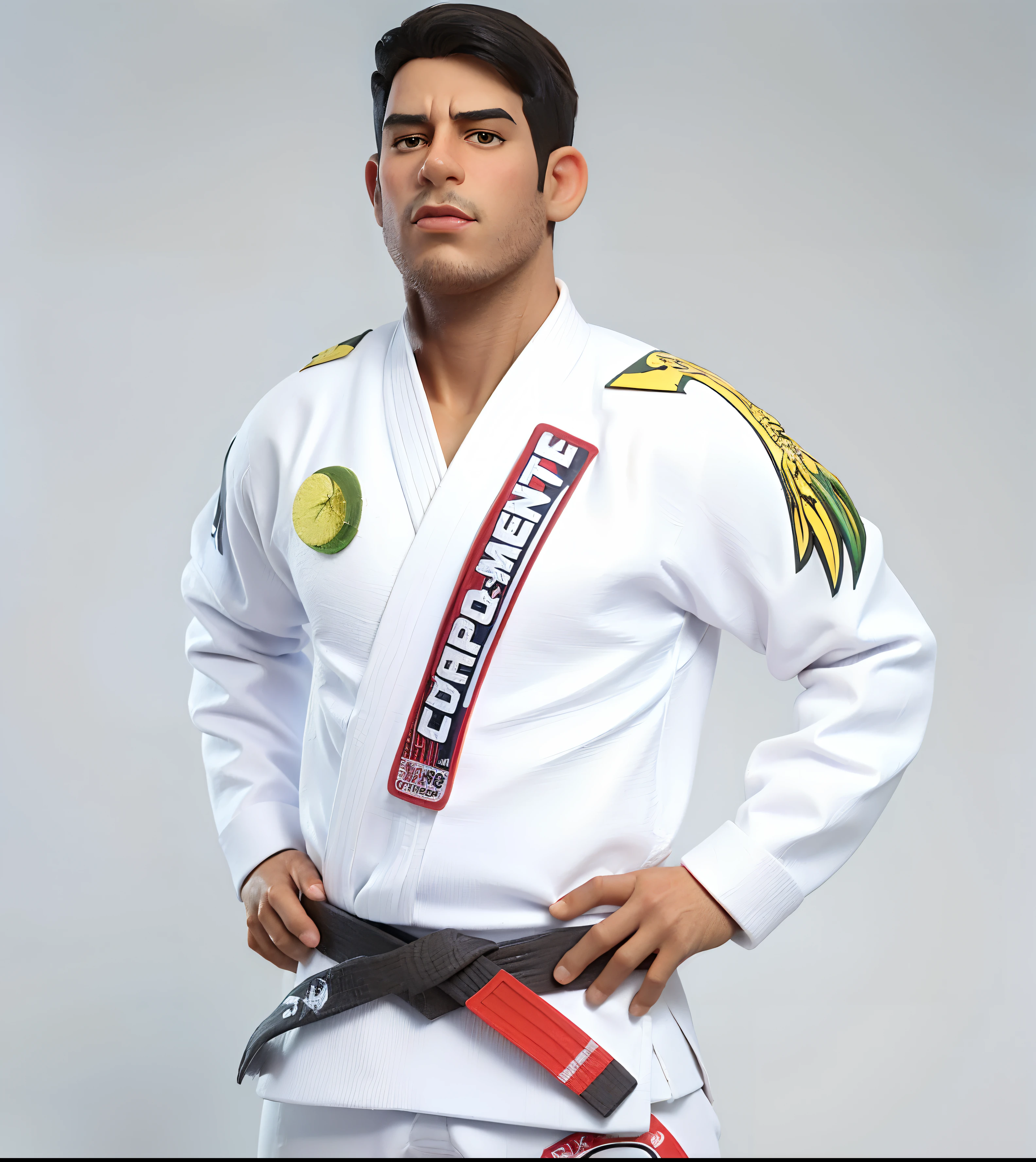 Cartoon character of a man in karate kimono, fundo de academia, rosto estilo Pixar, animation character, Caractere estilizado, animation style rendering, 3D estilizado, Arnold Maya render, 3 d render stylized, toon render keyshot, Personagem 3D, Personagem 3D, 3d rendering stylized, 3 d character render, personagem de desenho animado, Personagem de close up, Pose de personagem, (Estilo Pixar) (master part:1.2) (Bokeh) (melhor qualidade) (pele detalhada) (textura detalhada) (8k) (argila) (Cinematic lighting) (foco nítido