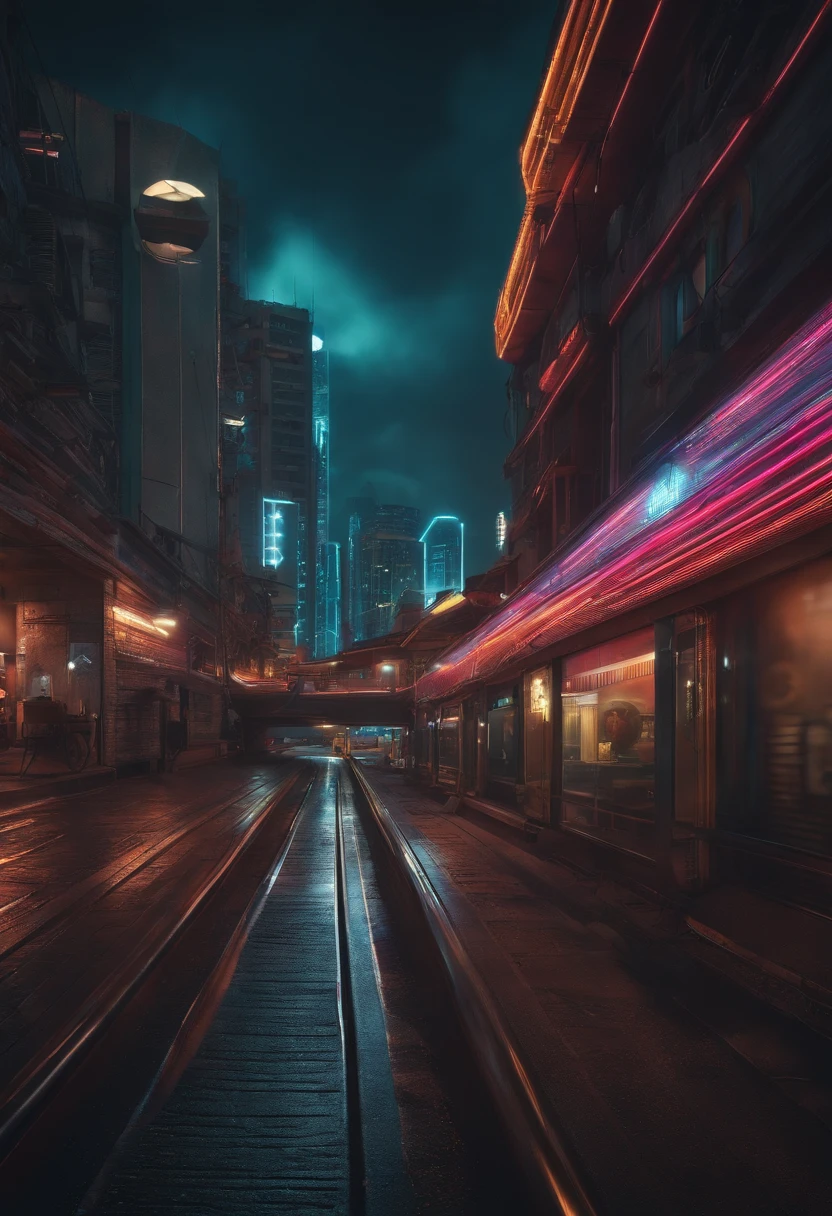 ((master part)),((best quality)),((High detail)),((Realistic,)) Cidade da era futurista, architectural streets, Bazares, linhas de trem futuristas, Cyberpunk, Buildings, Noite, Cidade europeia, chuvoso, neon light