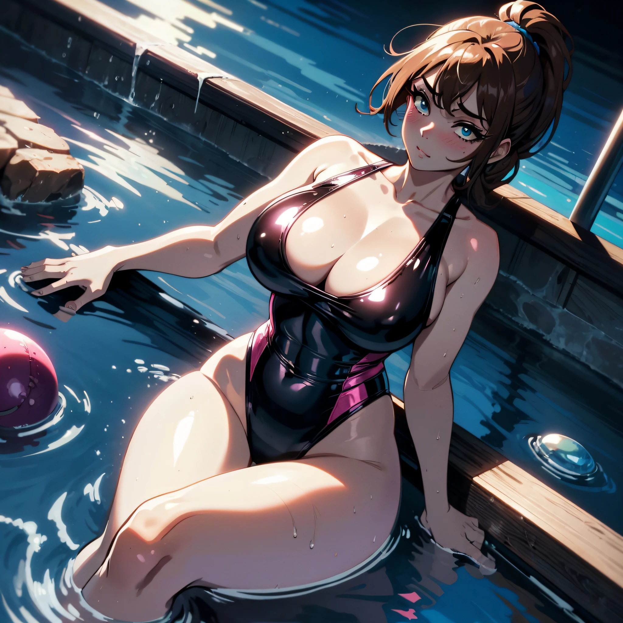 (one female: 1.5) wearing metallic neon pink one piece swimsuit, brown long ponytail, beautiful blue eyes, showing cleavage, sitting alone in jacuzzi in back yard of house, alone (SOLO: 1.5),(ALONE: 1.5), large chest, curvy, perfect body close shot, best quality:1.5, sexy legs, hide hands behind back, sagging boobs, soft smile, blushing