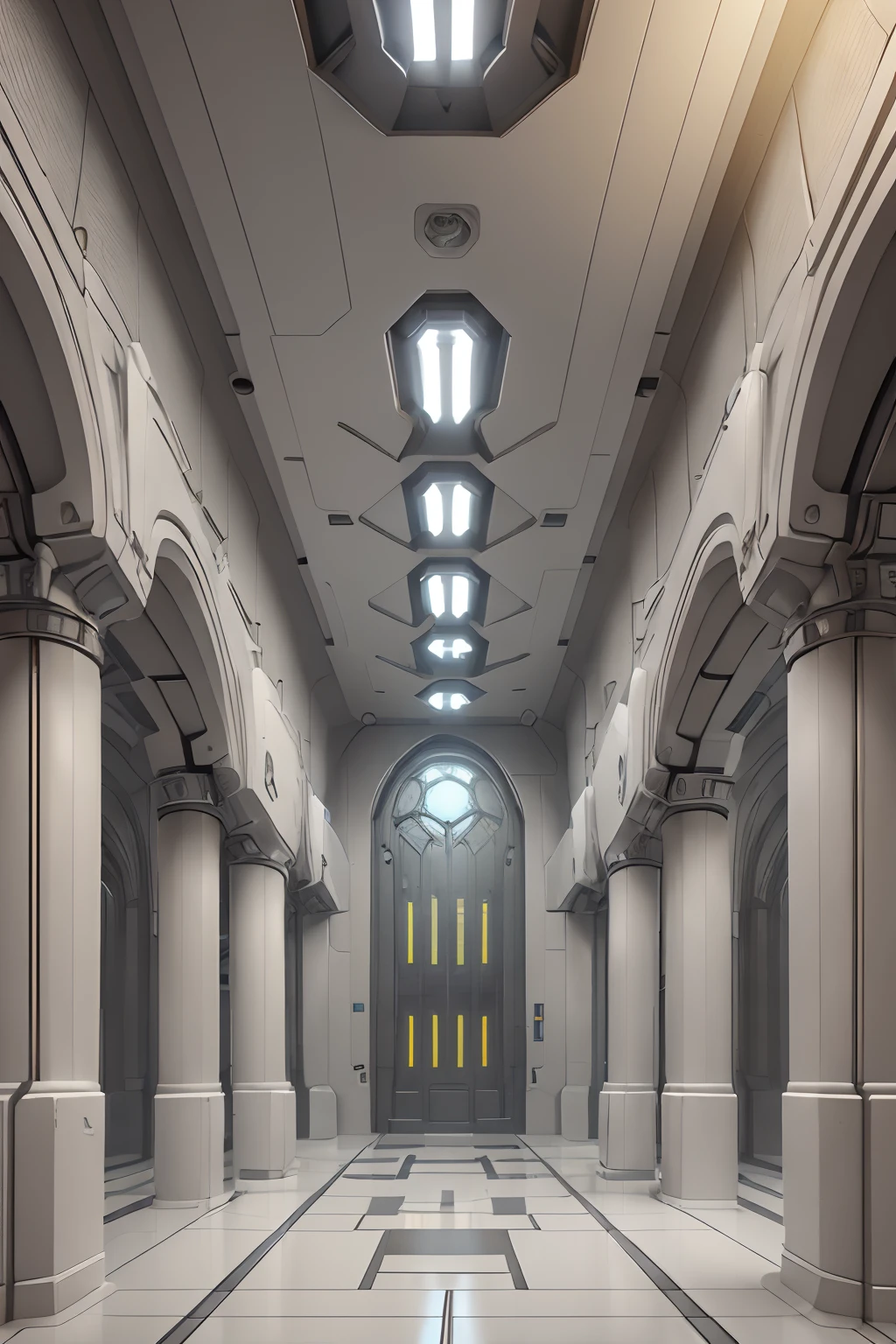 Urbanized interior. High, gigantic ceiling, temple-palace architecture. Cybernetic data center. The central part is a spherical computing artificial organism connected by many wires to monitors placed on the walls. The building is in the ancient Gothic style and looks very modern. White plastic, aluminum, polished artificial stone. 3D architectural printing. The walls are decorated with a complex geometric fractal pattern. White and gold dominate the main color range. The general stage is immersed in twilight, and the central form of the artificial organism is illuminated by white - artificial light. The shiny surface reflects surrounding objects. Lots of light bulbs - electronics. (Cyberpunk, futurism), (Ghost in the Shell style, Japanese anime.
Interior lighting, neutral-white light - warm shadows, matrix geometry, and secret symbolism decorate the floor. Tall Gothic windows - the atmosphere of the future, an alien highly developed civilization, in the side naves there are electronic holograms. Warm bright - contrasting light, light clear shadows, clear image of details, texture, decor (high image quality), (Clear high-quality render), (unreal engine), РD quality, 8K. Stylization Animation, RiotGames, Lucas Arts, Japanese cyberpunk anime, Blade Runner. Sh.R. Giger "Alien".