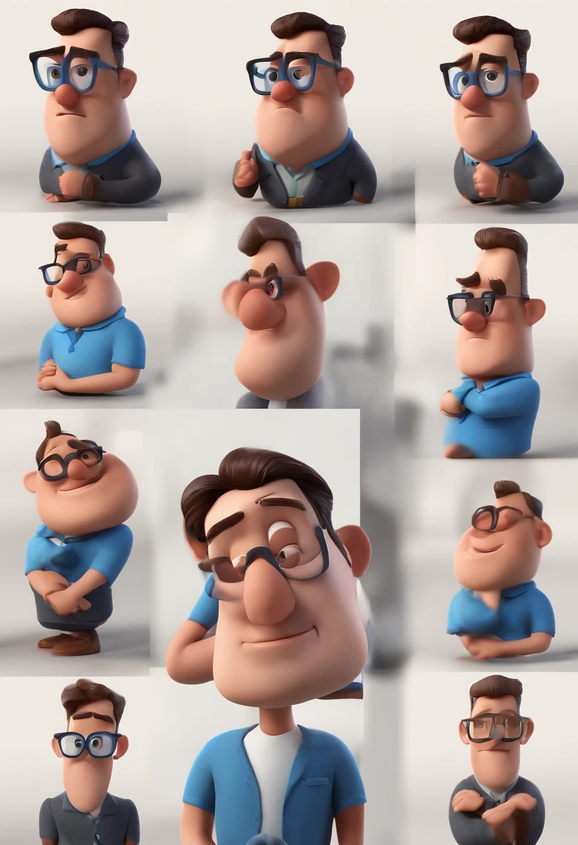 Cartoon character of a man with black glasses and a blue shirt, animation character, Caractere estilizado, animation style rendering, 3D estilizado, Arnold Maya render, 3 d render stylized, toon render keyshot, Personagem 3D, Personagem 3D, 3d rendering stylized, 3 d character render, personagem de desenho animado, Personagem de close up, Pose de personagem, (Estilo Pixar) (master part:1.2) (Bokeh) (best quality) (pele detalhada) (textura detalhada) (8k) (argila) (Cinematic lighting) (foco nítido