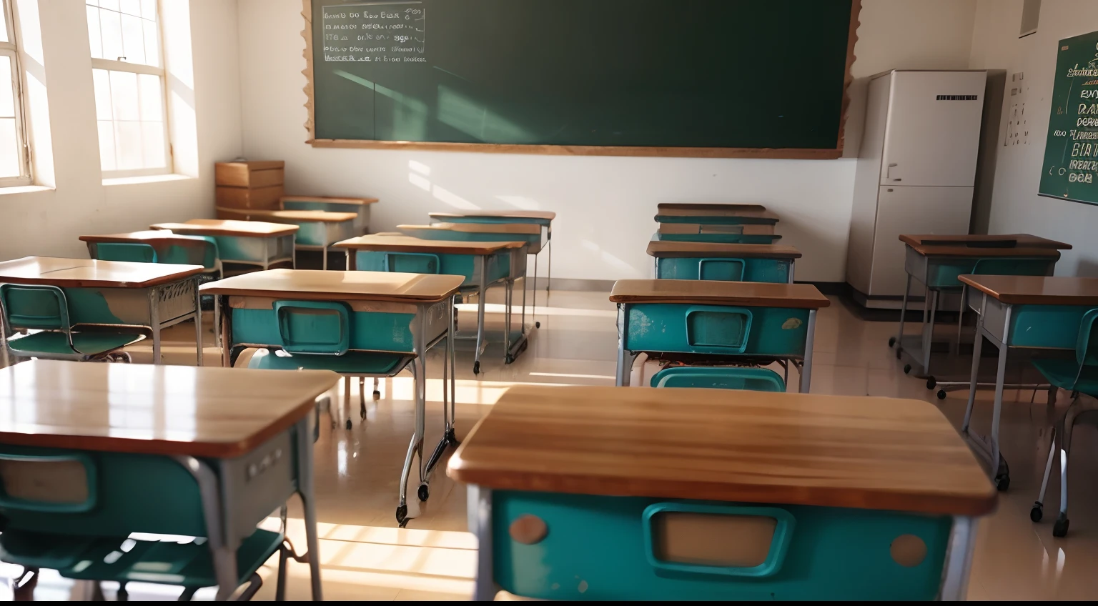 Rows of desks in school classes，It was full of students