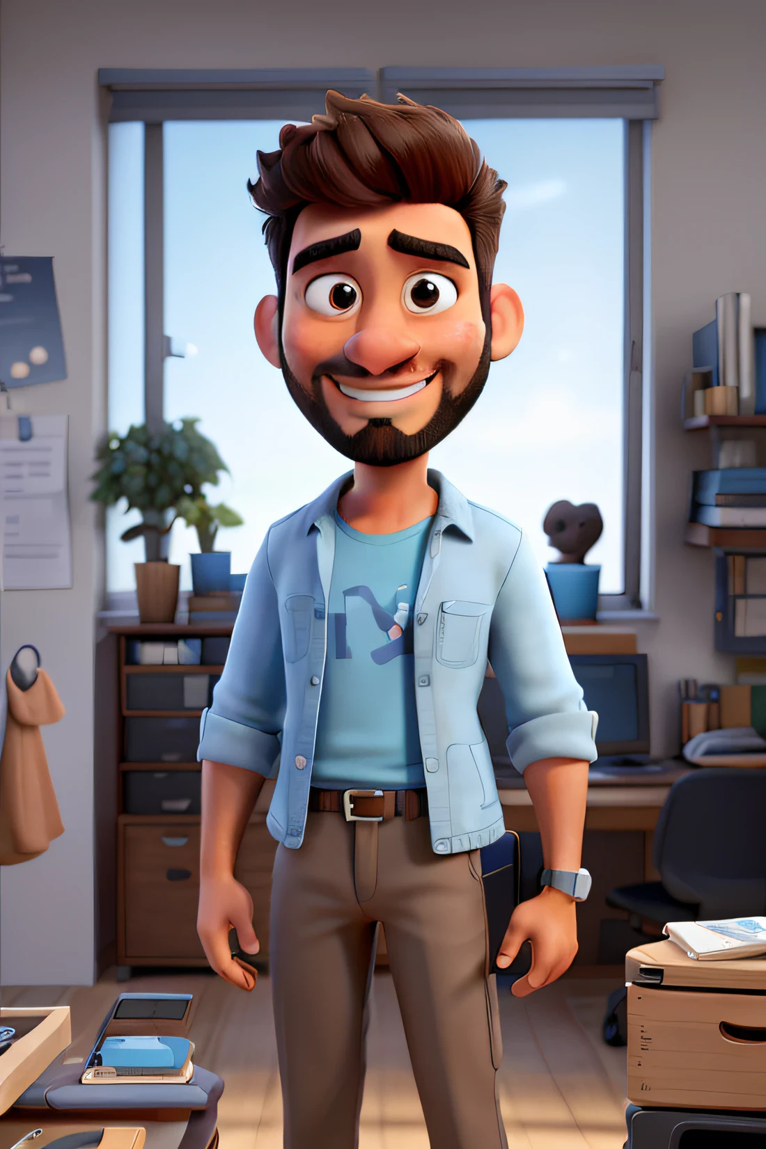 Inspired by Disney Pixar, a brown man, 33 years old, with short brown hair combed to the side and a short beard, not wearing glasses, and with eyes aligned forward. He is a graphic designer. There is a notebook and pen, as well as a gaming computer.
On the front of this image I would like a 3D title with the text "your brand, your story" in light blue, white and gray