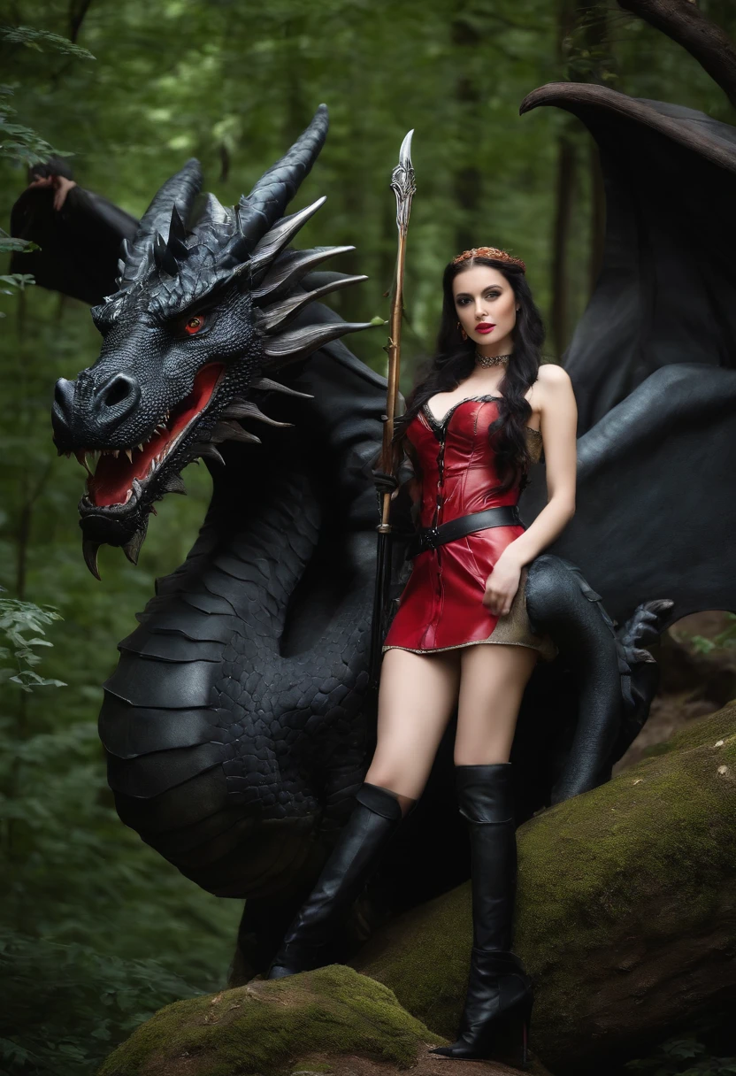 In a large area of ancient forest,A beautiful woman is riding on the body of a dragon,The beautiful woman has a leather whip in her hand,Wear a tight-fitting uniform,Black stockings on her legs,Wear high heels,