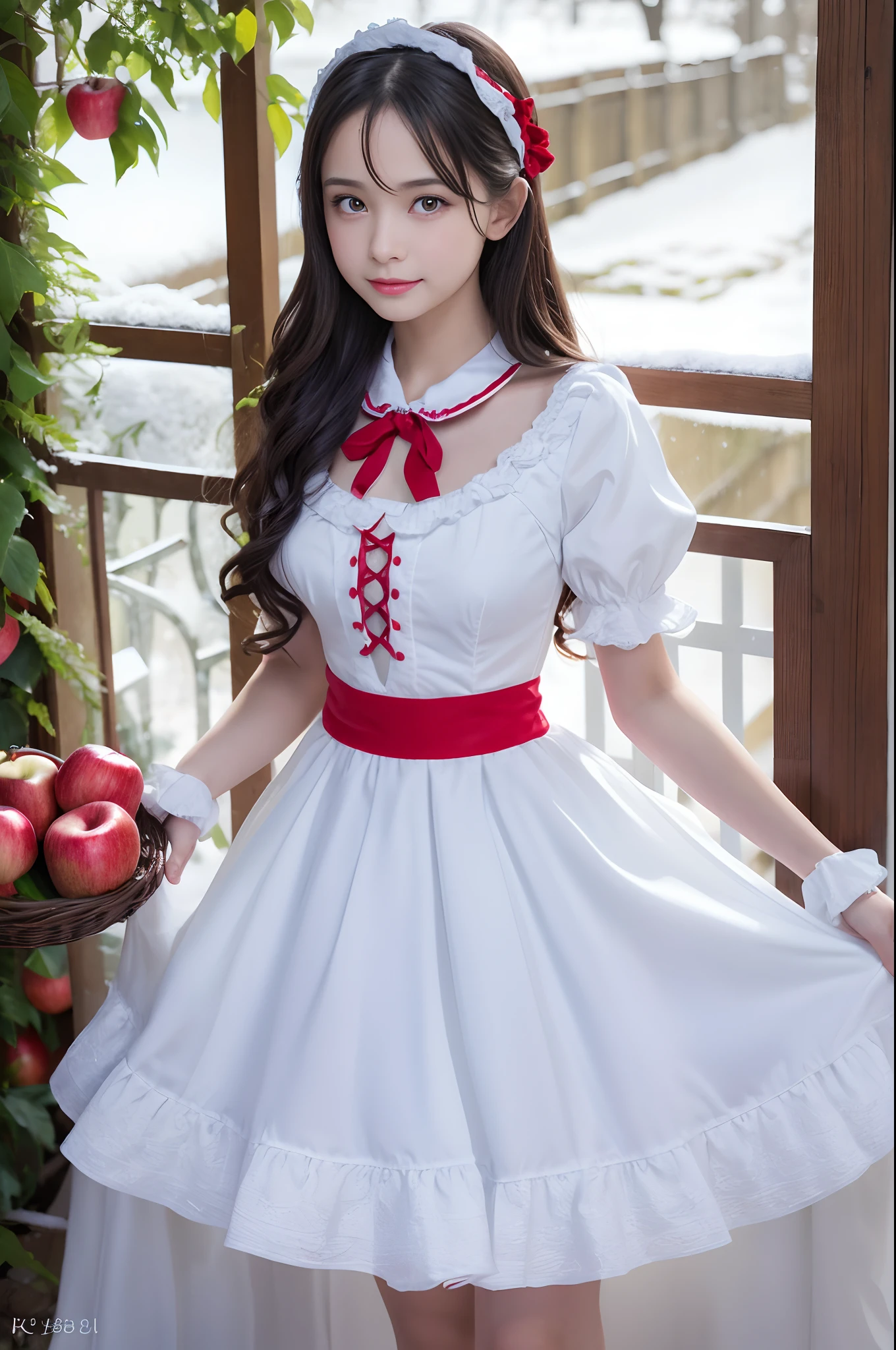 (Raw photo:1.2), (Photorealistic), Beautiful detailed girl, Very detailed eyes and face, Beautiful detailed eyes, Huge file size, High resolution, Very detailed, Best Quality, [masutepiece:1.6], Illustration, Very detailed, Fine detail, Best Quality, 8K Wallpaper, Movie Lighting,  girl in beautiful Snow White cosplay, Halloween Party, Pretty eyes, Long wavy black hair,  de pele branca,  petite body type, Yellow ruffled skirt, Blue breasts, Dresses featuring red cuffs and collars, Red ribbons,Black headband, bright expression, large apples, Smaller chest,   Snow White Castle