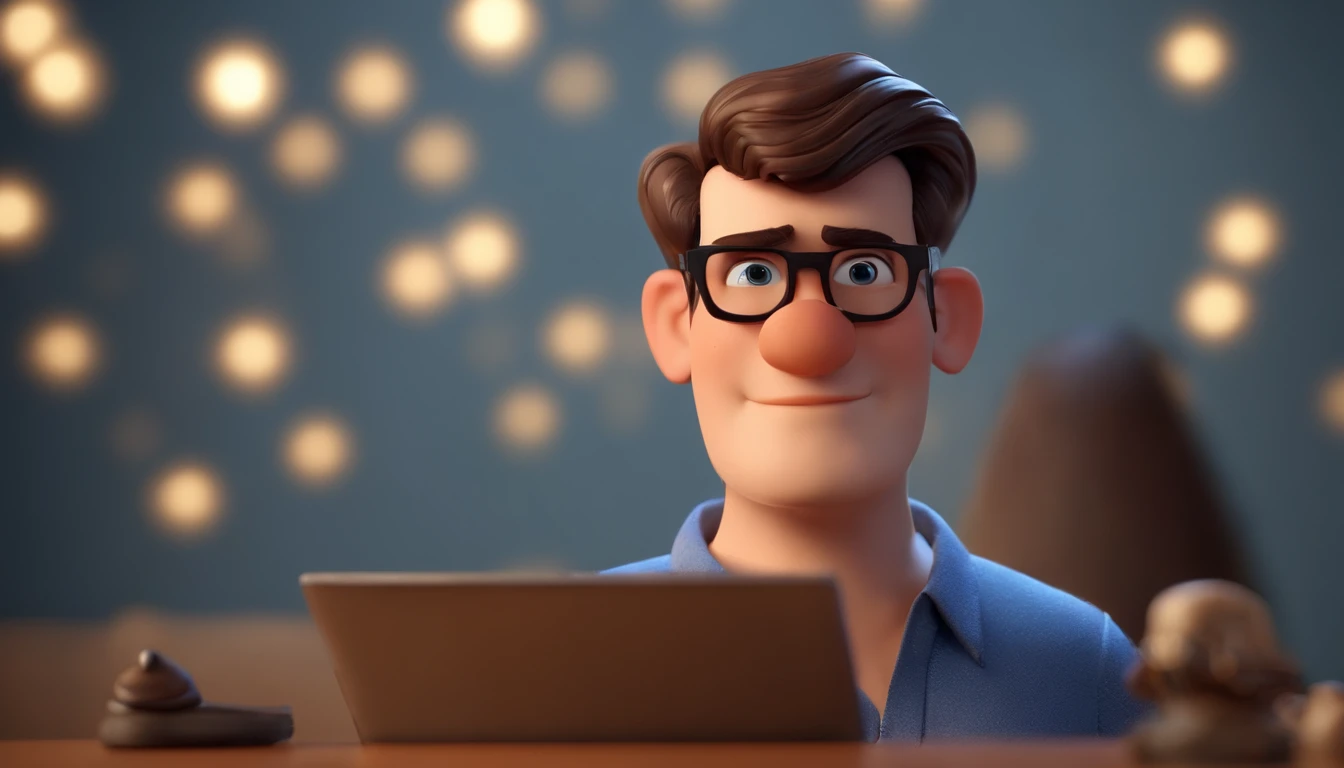 Cartoon character of a man wearing black glasses and a blue shirt, um personagem animado, Caractere estilizado, animation style rendering, 3D estilizado, Arnold Maya render, 3 d render stylized, toon render keyshot, Personagem 3D, Personagem 3D, 3d rendering stylized, 3 d character render, personagem de desenho animado, Personagem de close up, Pose de personagem, (Estilo Pixar) (master part:1.2) (Bokeh) (best quality) (pele detalhada) (textura detalhada) (8k) (argila) (Cinematic lighting) (foco nítido,Senta e vaza a parte superior do corpo