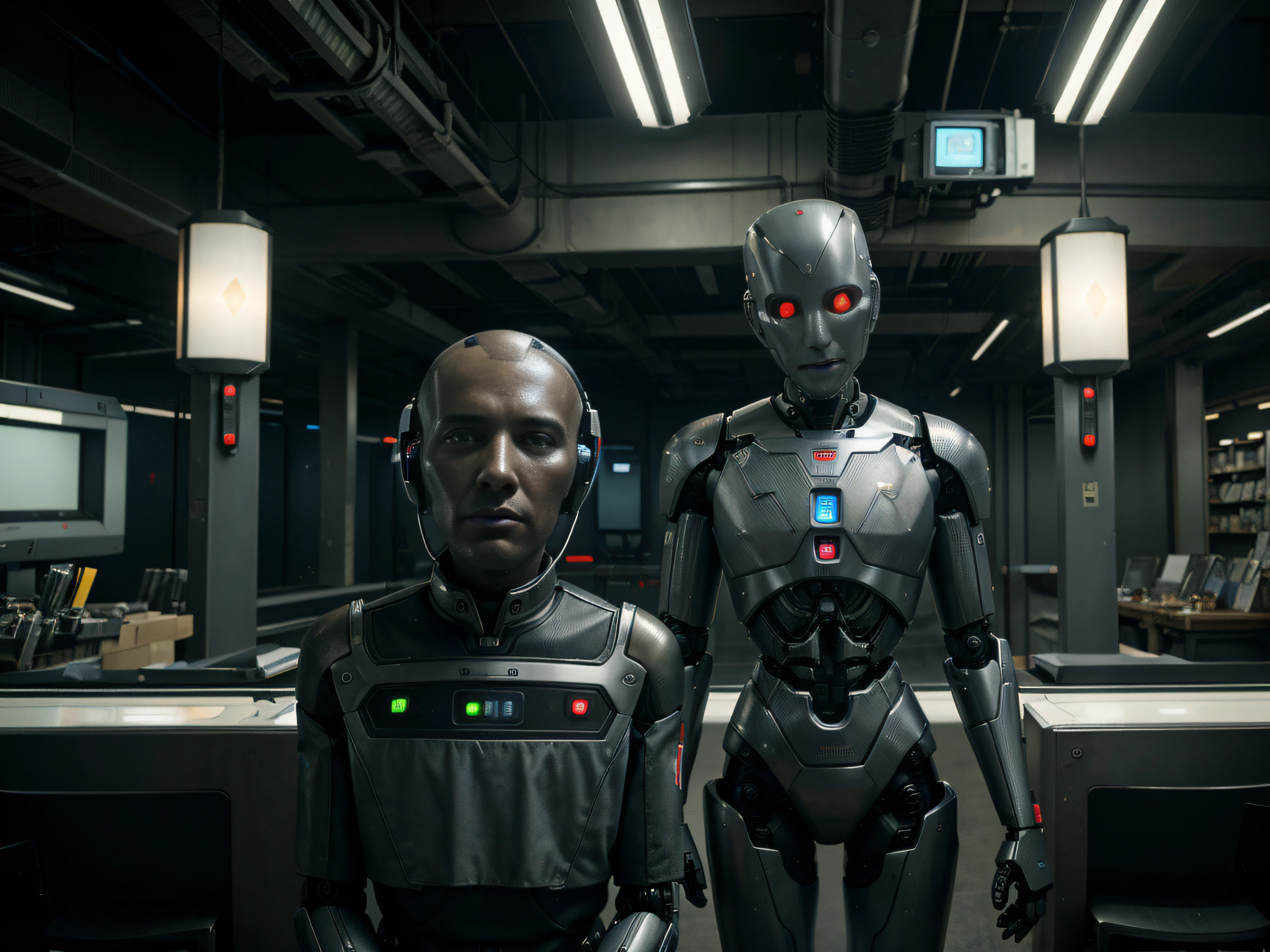 In a bleak futuristic setting in the year 20800, a man is replaced by a robot at his workplace. The environment is permeated by an atmosphere of despair and uncertainty. The man, perhaps with a desolate expression, is replaced by a robot, highlighting the transition to automation and the replacement of human labor by artificial intelligence. The scene evokes a sense of apprehension about the future, where the presence of robots takes the place of workers, creating an environment of uncertainty and despair for those who are replaced by machines in the professional world.