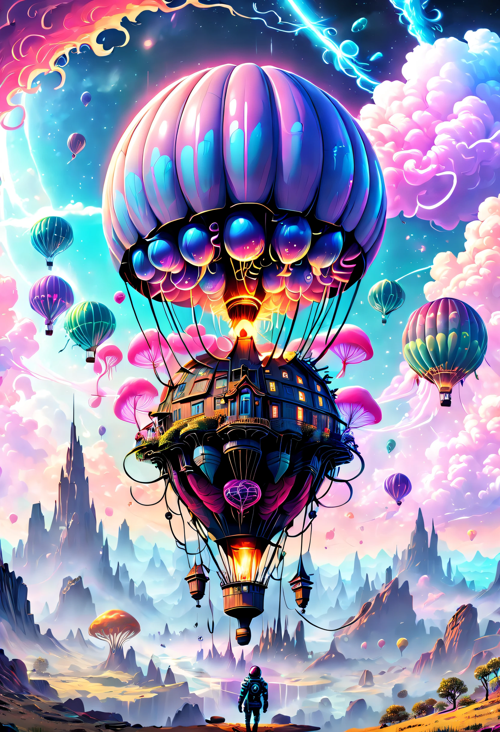 （（tmasterpiece，best qualtiy）），Beautiful 8K Ultra HD professional photos, Sharp focus, In a stunning fantasy world, A hot air balloon over a futuristic city，Retro cyberpunk，Strange hot air balloons,Colorful,A hot air balloon in the shape of a cute jellyfish，In the clouds,beautiful sky,Surreal,Epic dreams,a fairy world,illustration,High quality,3D rendering of,Ultra-detailed,Photorealistic,Vibrant colors,Stunning lighting，anatomy correct，Interstellar，Endless space，ssee-through，depth of fields，Magnificent space image scene，Epic futuristic science fiction，8K highly detailed digital art, arstation and beeple highly, paul lehr and beeple, Amazing wallpapers, in the style of beeple, epic fantasy sci fi illustration, 8K high quality detailed art, colorful concept art, fantasy matte painting，Cute, detailed fantasy digital art, colorfull digital fantasy art, 4k highly detailed digital art, Detailed digital 2D fantasy art, surreal concept art, Beeple and Jeremiah Ketner, whimsical fantasy landscape art, fantasy cityscape