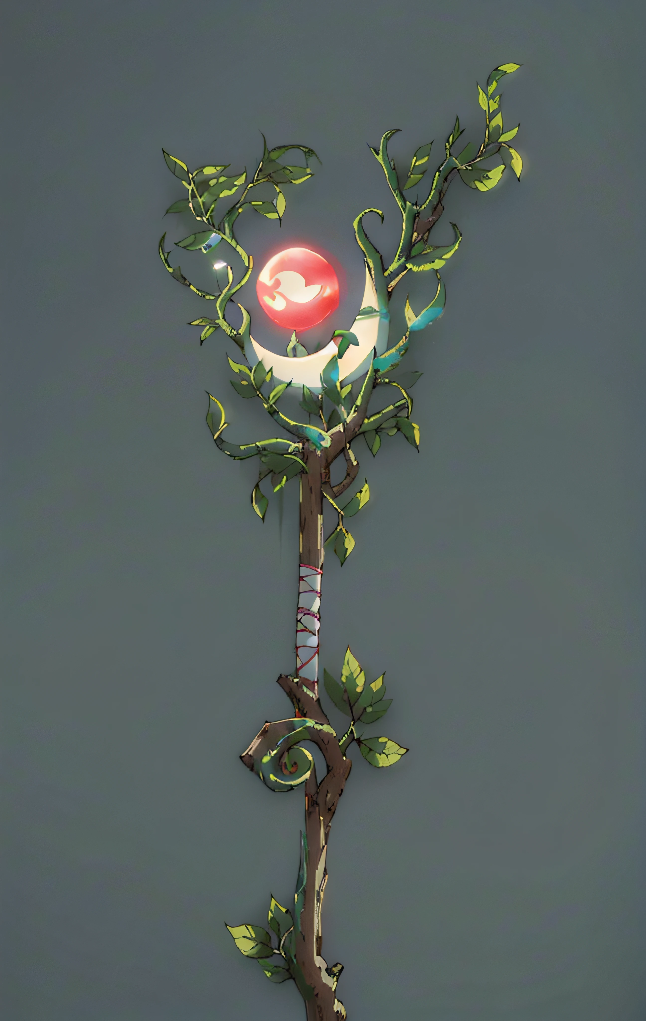 a staff that looks like a straight tree, branches, vines, energy ball and a crescent moon at the top. it has bandages in the middle