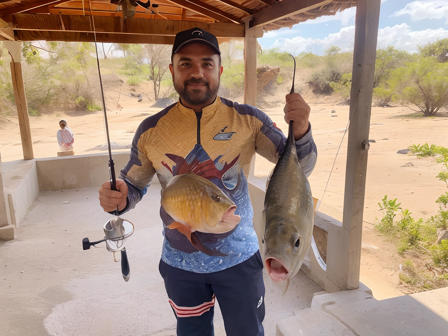 Homem bonito pescando com uma vara. Ele pegou um peixe muito grande --auto --s2