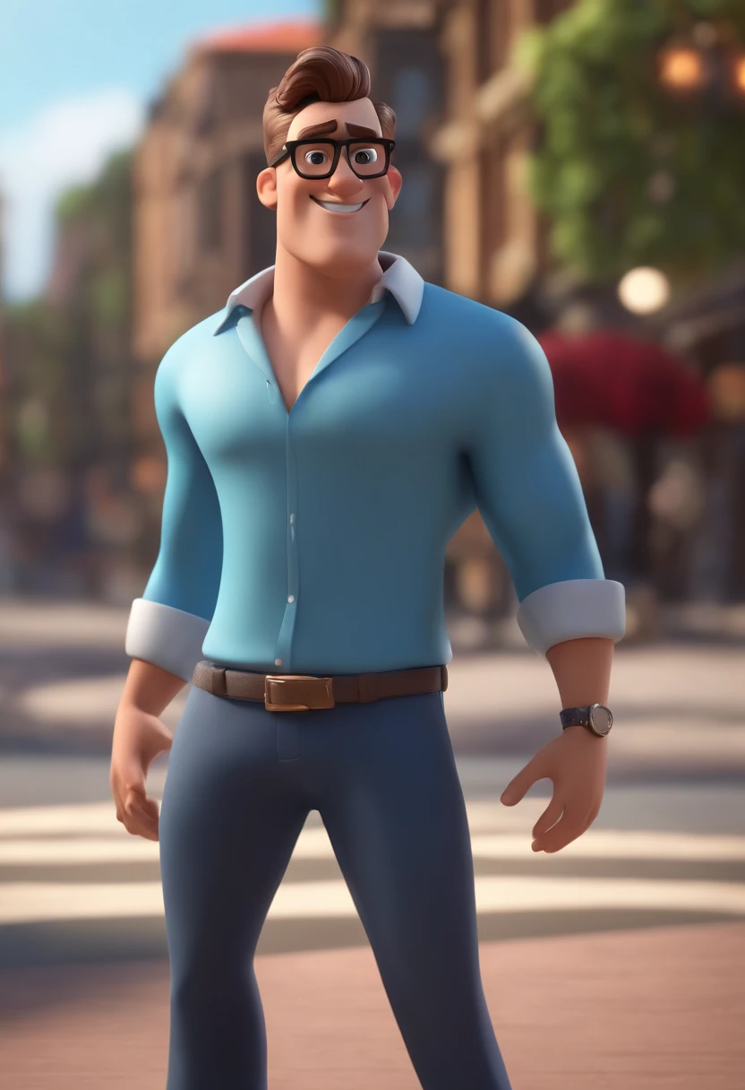 Cartoon character of a man wearing black glasses and a blue shirt, um personagem animado, Caractere estilizado, animation style rendering, 3D estilizado, Arnold Maya render, 3 d render stylized, toon render keyshot, Personagem 3D, Personagem 3D, 3d rendering stylized, 3 d character render, personagem de desenho animado, Personagem de close up, Pose de personagem, (Estilo Pixar) (master part:1.2) (Bokeh) (best quality) (pele detalhada) (textura detalhada) (8k) (argila) (Cinematic lighting) (foco nítido,Senta e vaza a parte superior do corpo