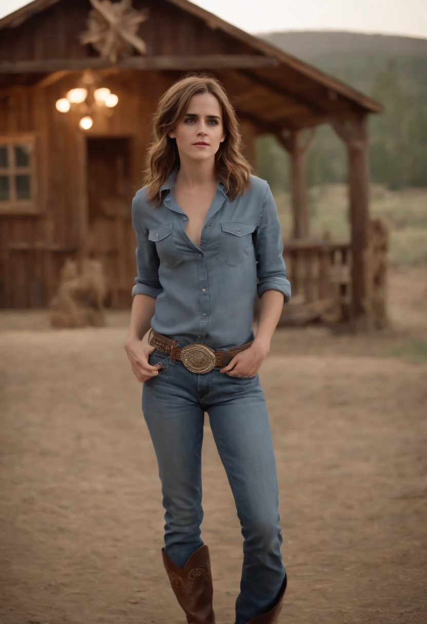 emma watson dressed in low-rise jeans and cowboy boots with a pearl snap shirt tied up to show belly at an outdoor dance hall