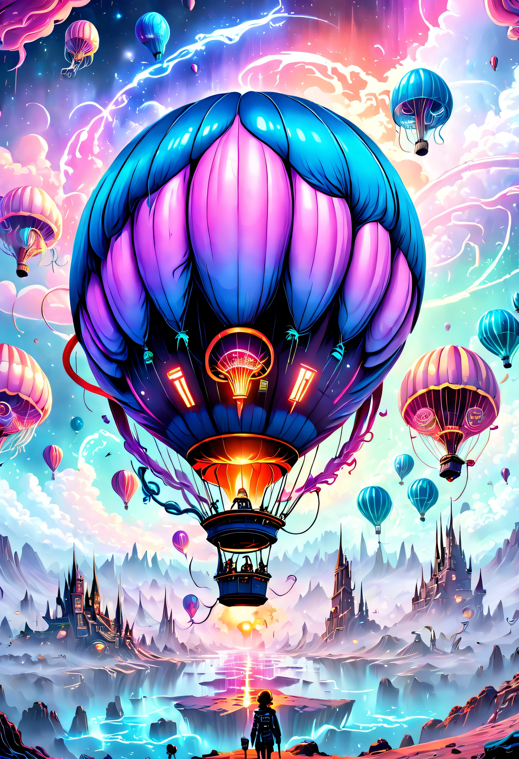 （（tmasterpiece，best qualtiy）），Beautiful 8K Ultra HD professional photos, Sharp focus, In a stunning fantasy world, A hot air balloon over a futuristic city，Retro cyberpunk，Strange hot air balloons,Colorful,A hot air balloon in the shape of a cute jellyfish，In the clouds,beautiful sky,Surreal,Epic dreams,a fairy world,illustration,High quality,3D rendering of,Ultra-detailed,Photorealistic,Vibrant colors,Stunning lighting，anatomy correct，Interstellar，Endless space，ssee-through，depth of fields，Magnificent space image scene，Epic futuristic science fiction，8K highly detailed digital art, arstation and beeple highly, paul lehr and beeple, Amazing wallpapers, in the style of beeple, epic fantasy sci fi illustration, 8K high quality detailed art, colorful concept art, fantasy matte painting，Cute, detailed fantasy digital art, colorfull digital fantasy art, 4k highly detailed digital art, Detailed digital 2D fantasy art, surreal concept art, Beeple and Jeremiah Ketner, whimsical fantasy landscape art, fantasy cityscape