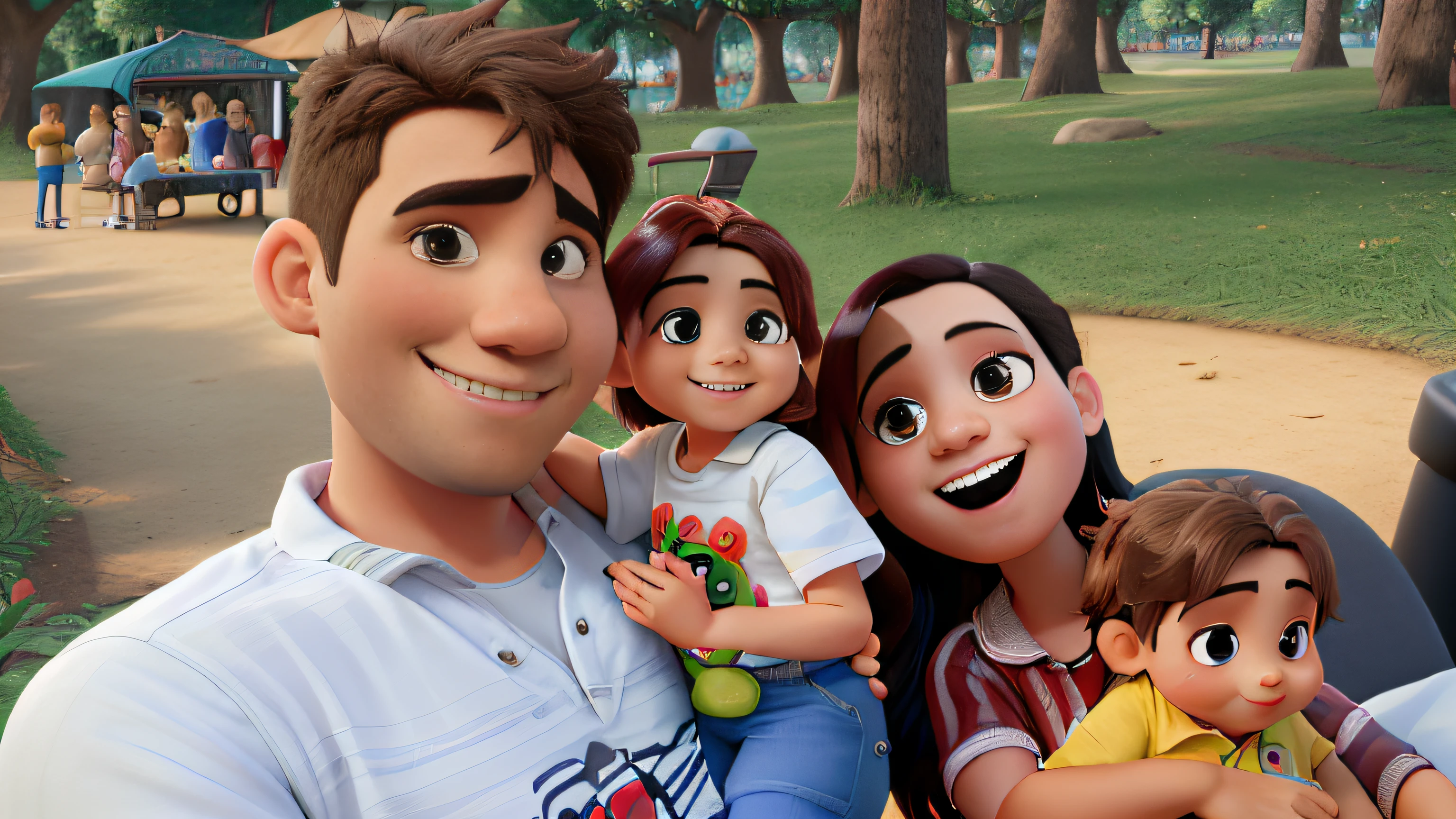 A happy family in a park, composta por um pai sem barca com cabelos pouco grisalhos, A mother with long black hair, uma filha no colo do pai com cabelos cacheados castanho claro, A son on his mother's lap with short hair and light brown, em um parque, no estilo pixar, (best quality,4k,8k,Altas,master part:1.2), ultra-detalhado, (Realistic, fotorrealista), Dignified Appearances, olhos brilhantes, no estilo pixar