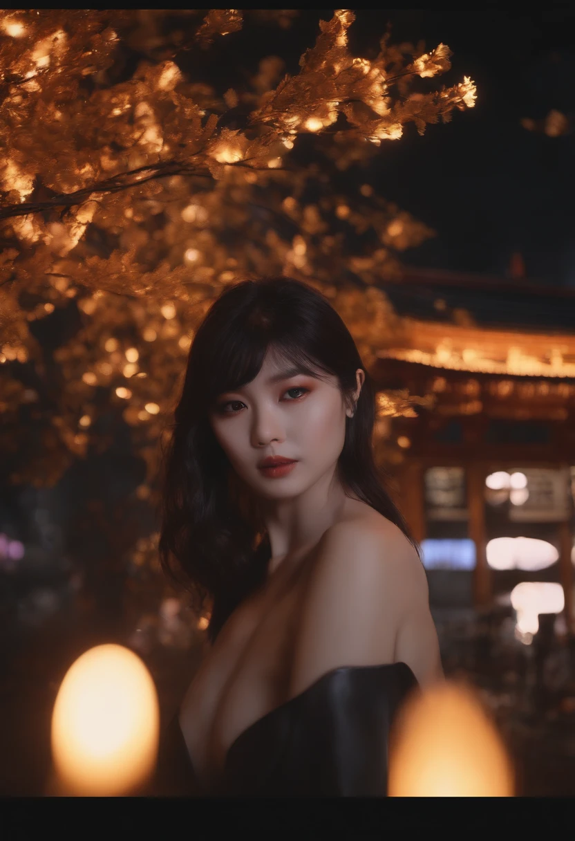 ((best quality, 8k, master part: 1.3)), 1girl, Fox-look Slim with 9 syrups and with a fiery gold on a dark night with a Japanese city with ambient lights and a dark lighting focus on the girl and with lus and shadow effects caused by the illuminated aura.