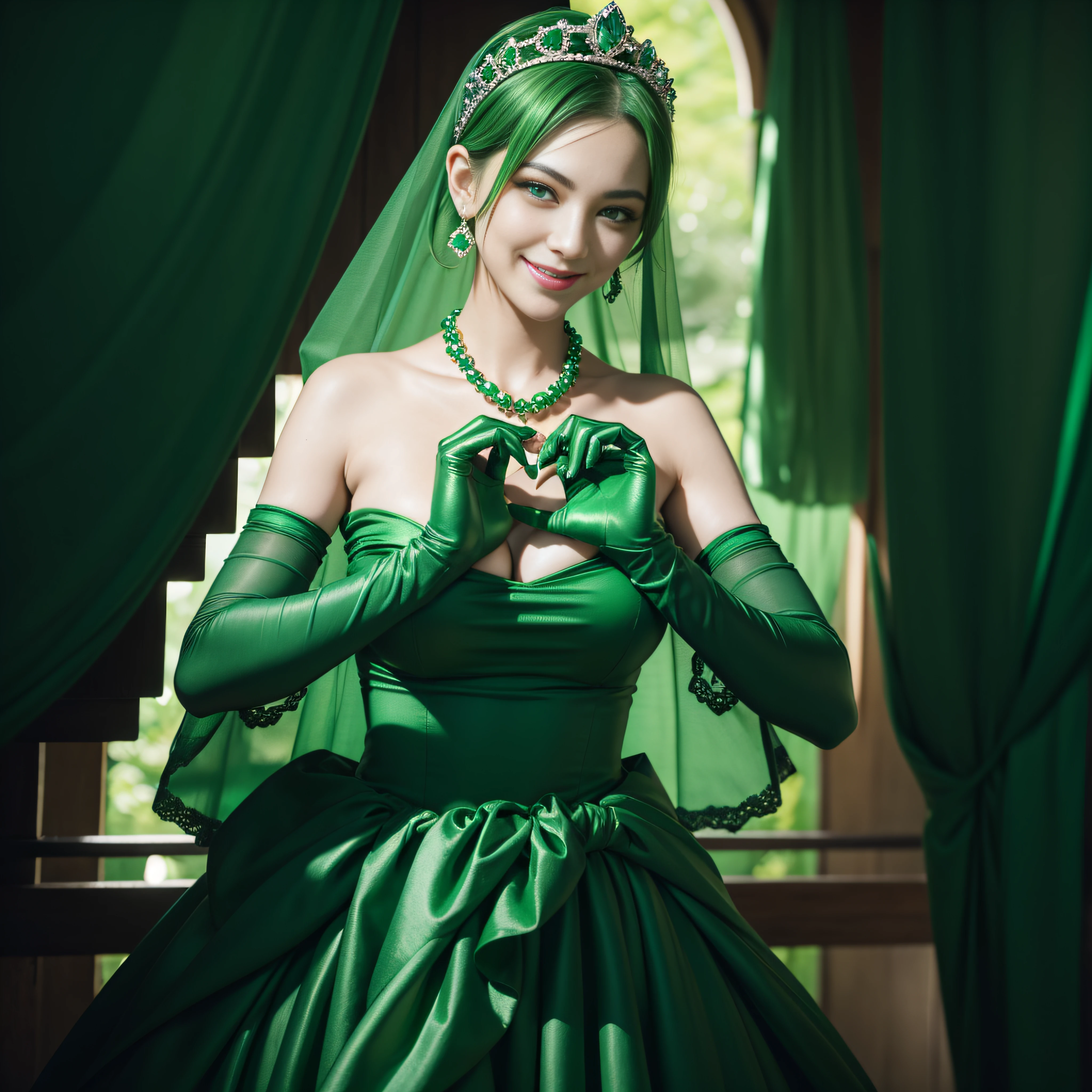 emerald tiara, Green Pearl Necklace, Boyish very short green hair, lipsticks, Japan woman smiling, very short short hair, big breasts beautiful, Green eyes, Long green gloves made of satin material, Green eyes, Emerald Earrings, green vale, Heart with both hands