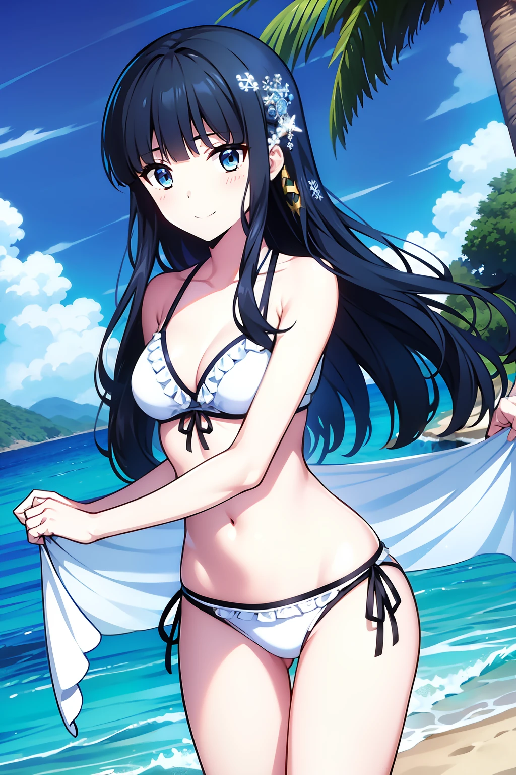 Miyuki, 1girl in, Solo, long_hair, Bangs, Blue_Eyes, Black_hair, hair_ornament detached, blunt_Bangs, Yuki, Snowflake_hair_ornament detached、Look at viewers、embarrassed, Blushing, A smile,(a white bikini:1.3),(the beach:1.3)、thighs thighs thighs thighs、cowboy shot、Bare neck、Bare arms、bare shoulders、bare elbows、Bare hands