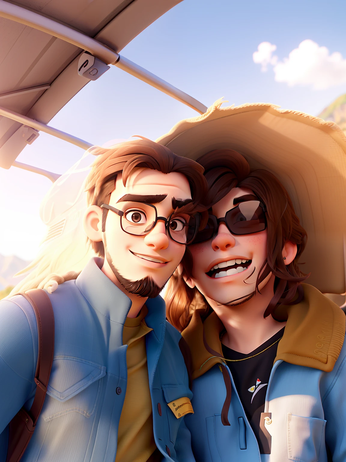 Young couple with sunglasses and passionate look. O jovem rapaz tem barba no rosto todo. The two of them are in a very beautiful background landscape