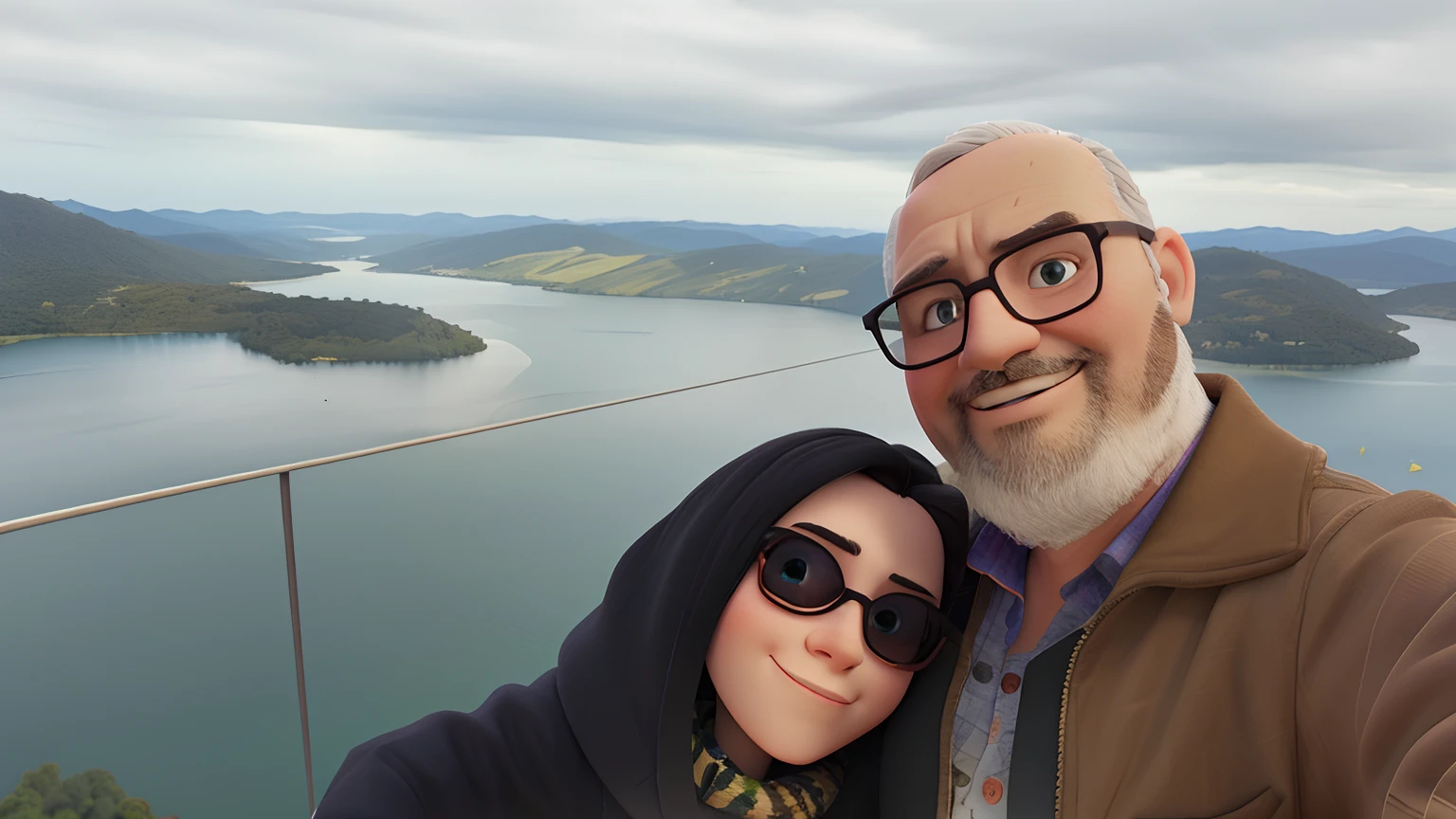 There's a man and a woman standing on a balcony overlooking a lake, vacation photo, com montanhas ao fundo, Fotografia selfie 8k, Fiordes em segundo plano, Foto tirada em 2018, com montanhas no fundo, Dave McKean e Stina Persson, Colinas ao fundo, Lago ao fundo, foto de perfil 1024px, lindo dia ensolarado