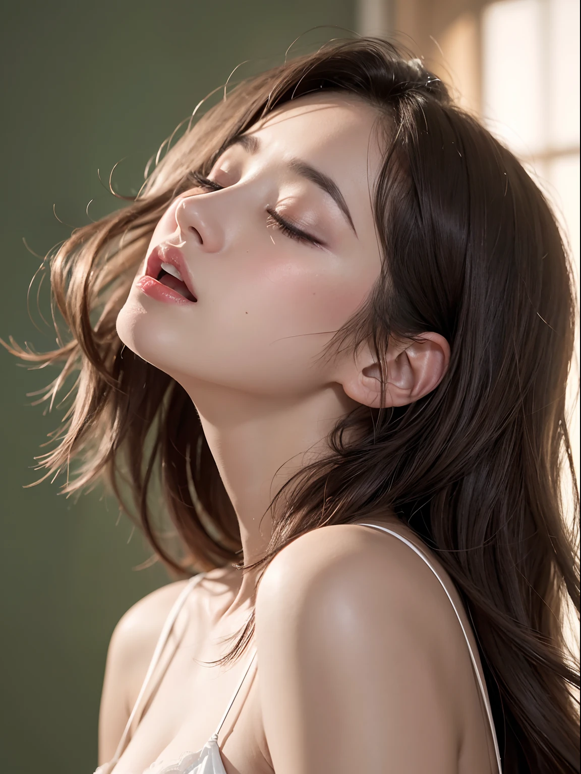 NSFW, full , 8yk、RAW photo、(masuter piece)、(top-quality)、A high resolution、(Girl vs)、(hentail realism、Photorealsitic:1.2), Upper body、facing up、carismatic、20yr old、middlebreast、Eyes closed、Deep sadness、Sorrow、Looking Up The Sky、Open mouth、screeming、a room、Background blur,