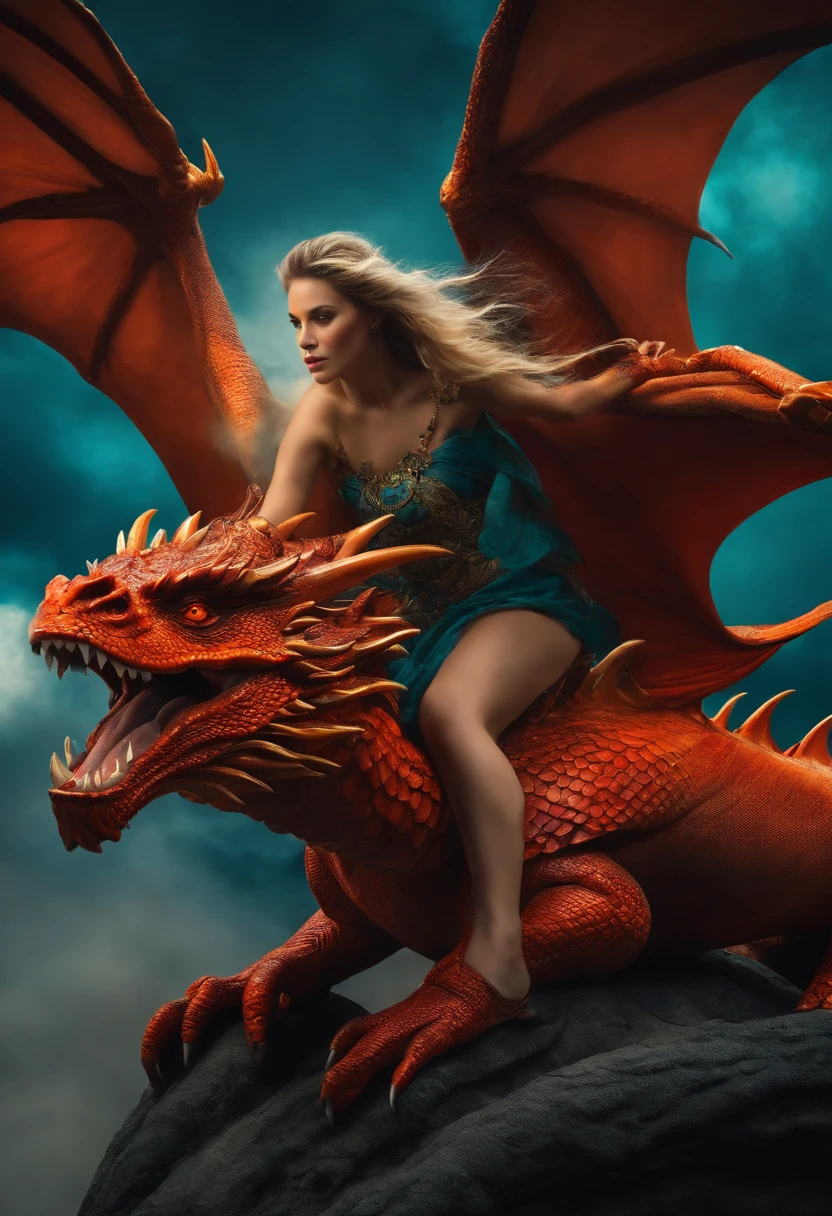 A woman sitting on top of a red dragon on a rock - SeaArt AI