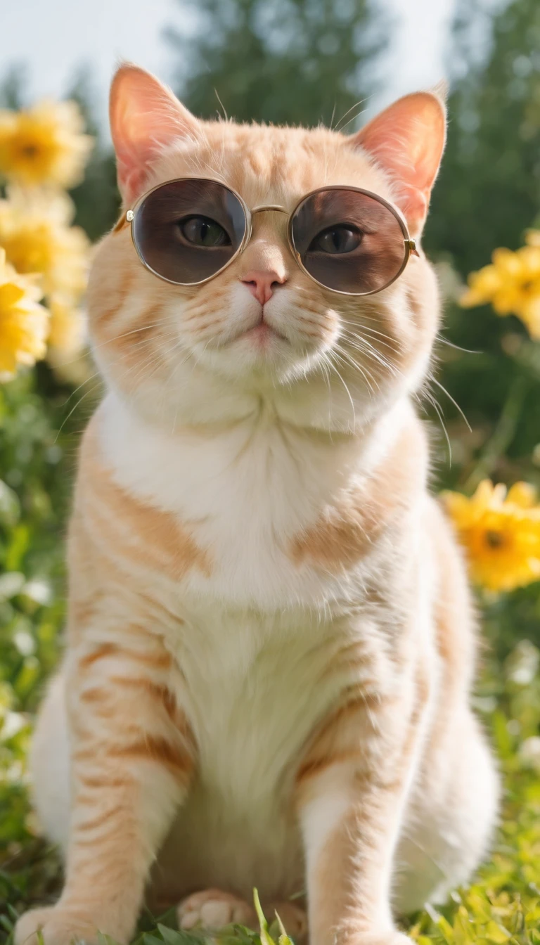 Fat cat in pet clothes, cute hat, sunglasses,rays of sunshine,heal,Lying on the lawn,There are some flowers,super adorable,chubby