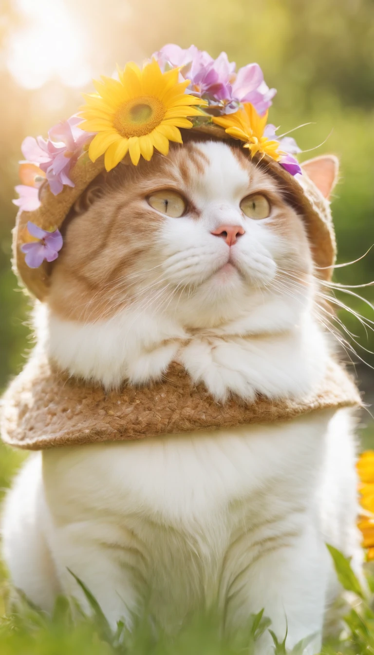 Fat cat in pet clothes, cute hat, sunglasses，rays of sunshine，heal，Lying on the lawn，There are some flowers，super adorable，chubby