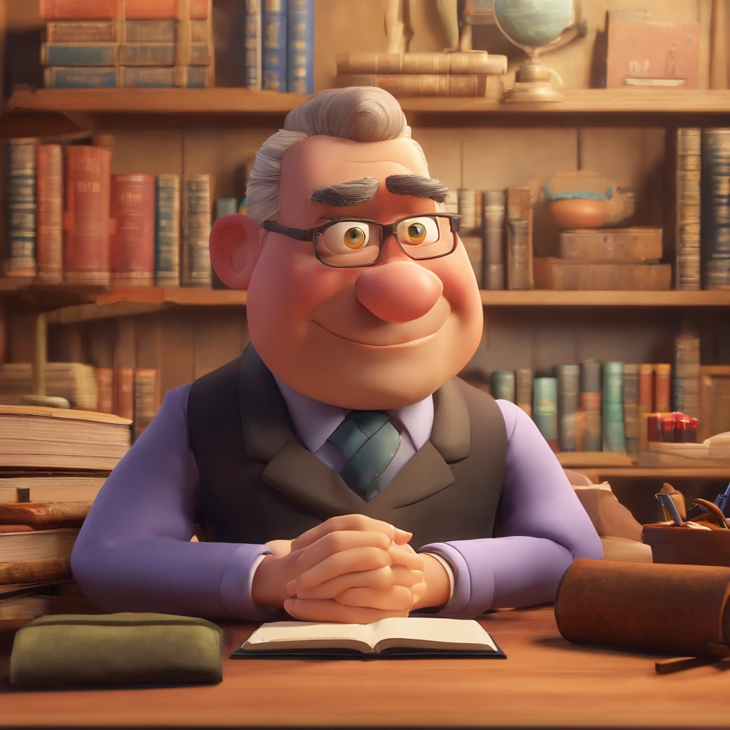 Crie um cartaz inspirado na Disney Pixar com o personagem sendo o pastor Rubens Janier, Um homem de cabelos pretos usando , in an office with a Bible on the table