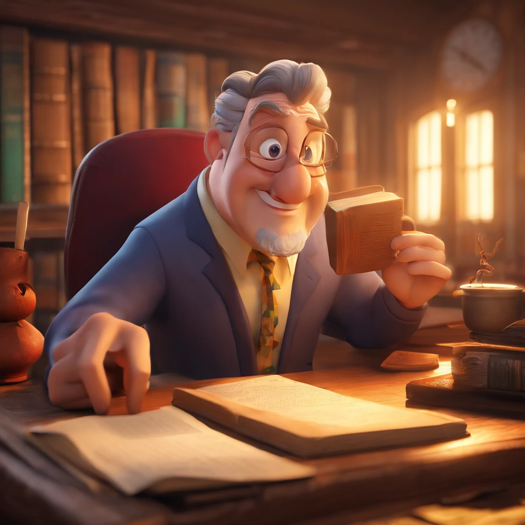 Crie um cartaz inspirado na Disney Pixar com o personagem sendo o pastor Rubens Janier, Um homem de cabelos pretos usando , in an office with a Bible on the table