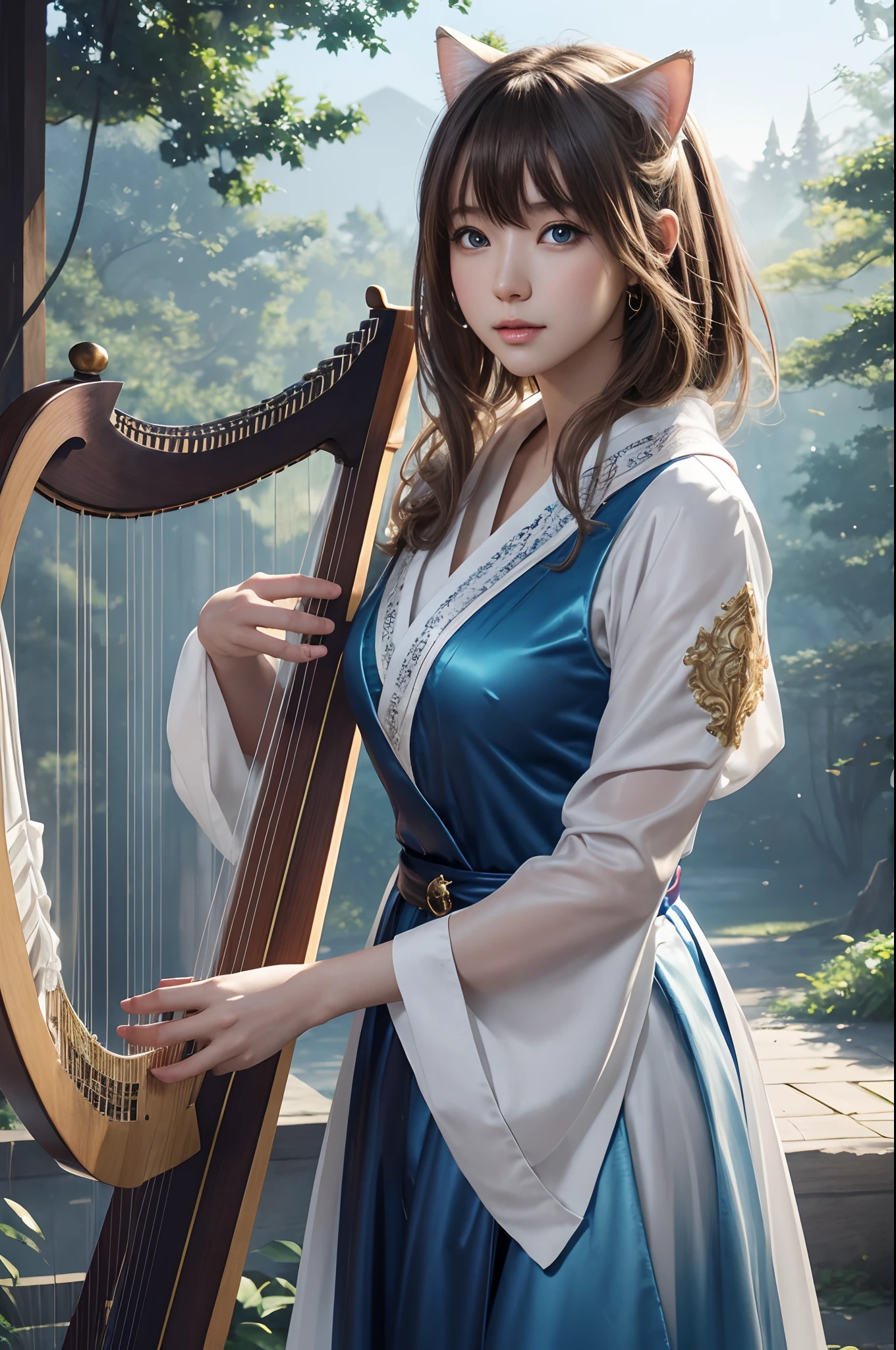 hightquality、8K Ultra HD、fullllbody、A -yeld fee harpist is playing the harp、robe blanche、light brown hair、Blue eyes、(There is a nice healing forest in the background)、cute little、Beautiful fece、portlate、A kitten、art by:Alberto Seveso、Symmetrical、Abstract art style、Complex and intricate watercolor painting 、digitial painting、explosion of colors、concept-art、Volumetric lighting、TanvirTamim、metal reflective、2d render、8K。 by artgerm、Trending on ArtStation