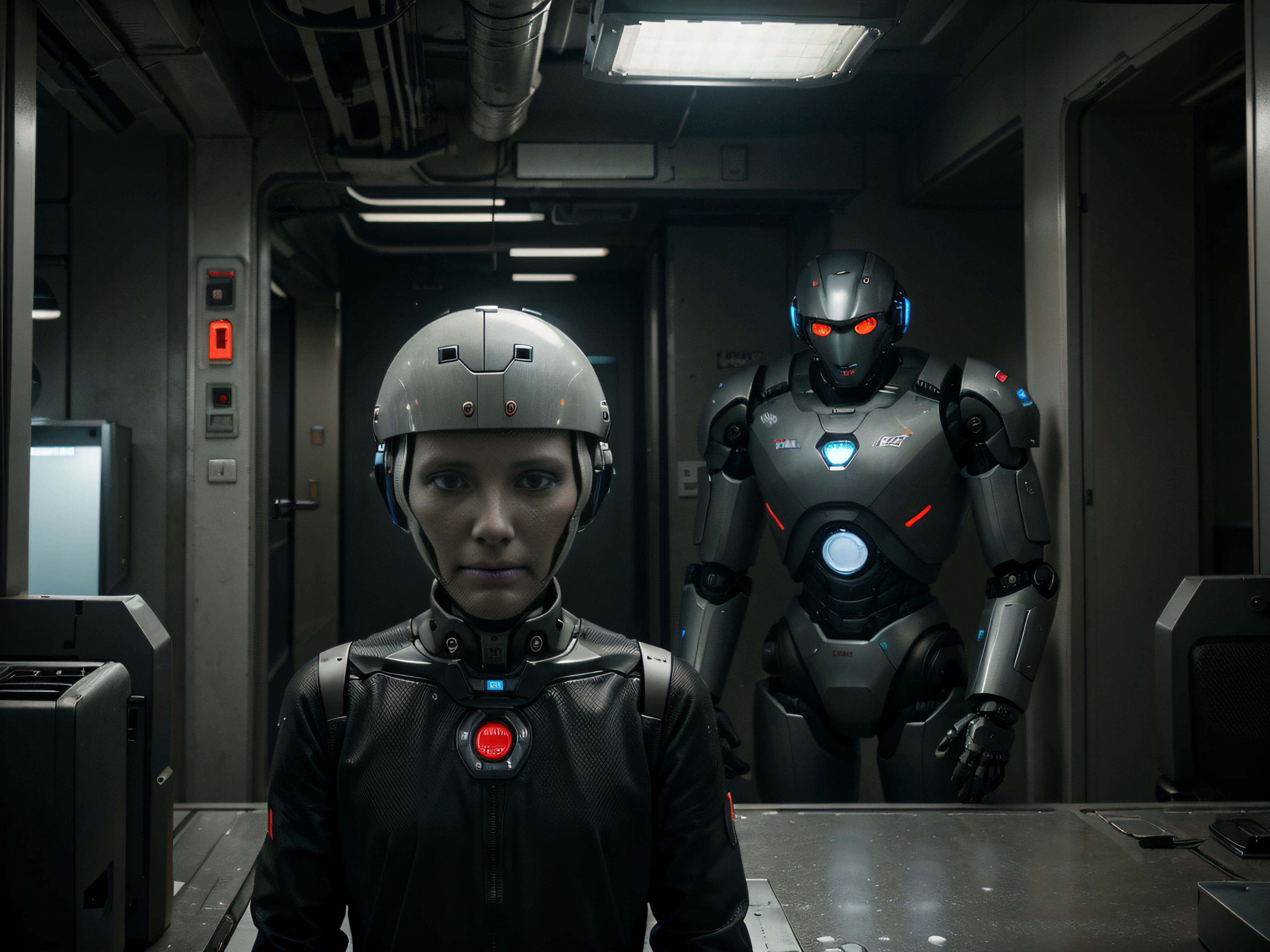 In a bleak futuristic setting in the year 20800, a man is replaced by a robot at his workplace. The environment is permeated by an atmosphere of despair and uncertainty. The man, perhaps with a desolate expression, is replaced by a robot, highlighting the transition to automation and the replacement of human labor by artificial intelligence. The scene evokes a sense of apprehension about the future, where the presence of robots takes the place of workers, creating an environment of uncertainty and despair for those who are replaced by machines in the professional world.
