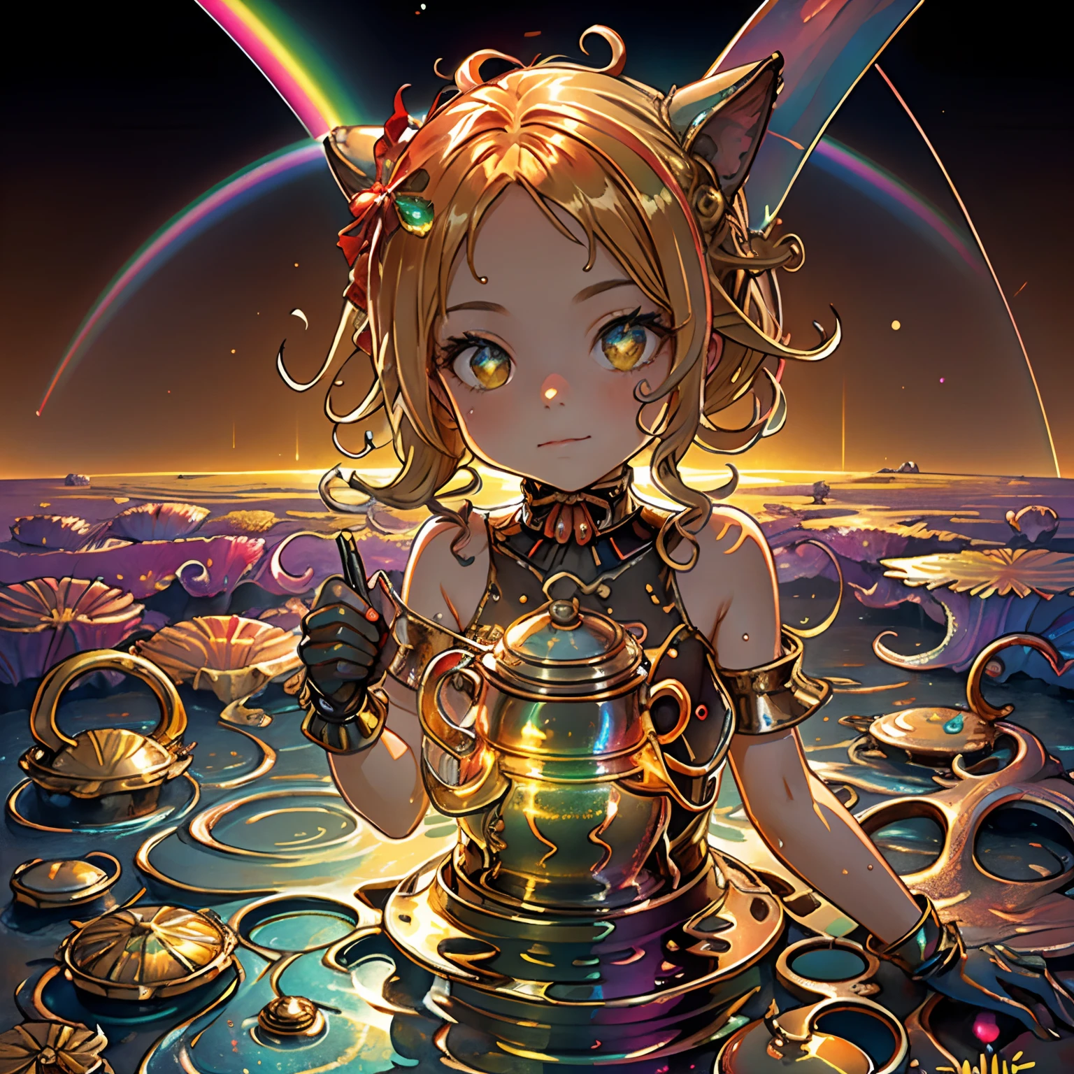 (Extremely bright viscous metallic liquid, ""com muitas borboletas coloridas ao seu redor""Oily iridescent rainbow colors,Cute exotic hair teapot and blonde girl with amazing radiant eyes bathing in a desert lake,