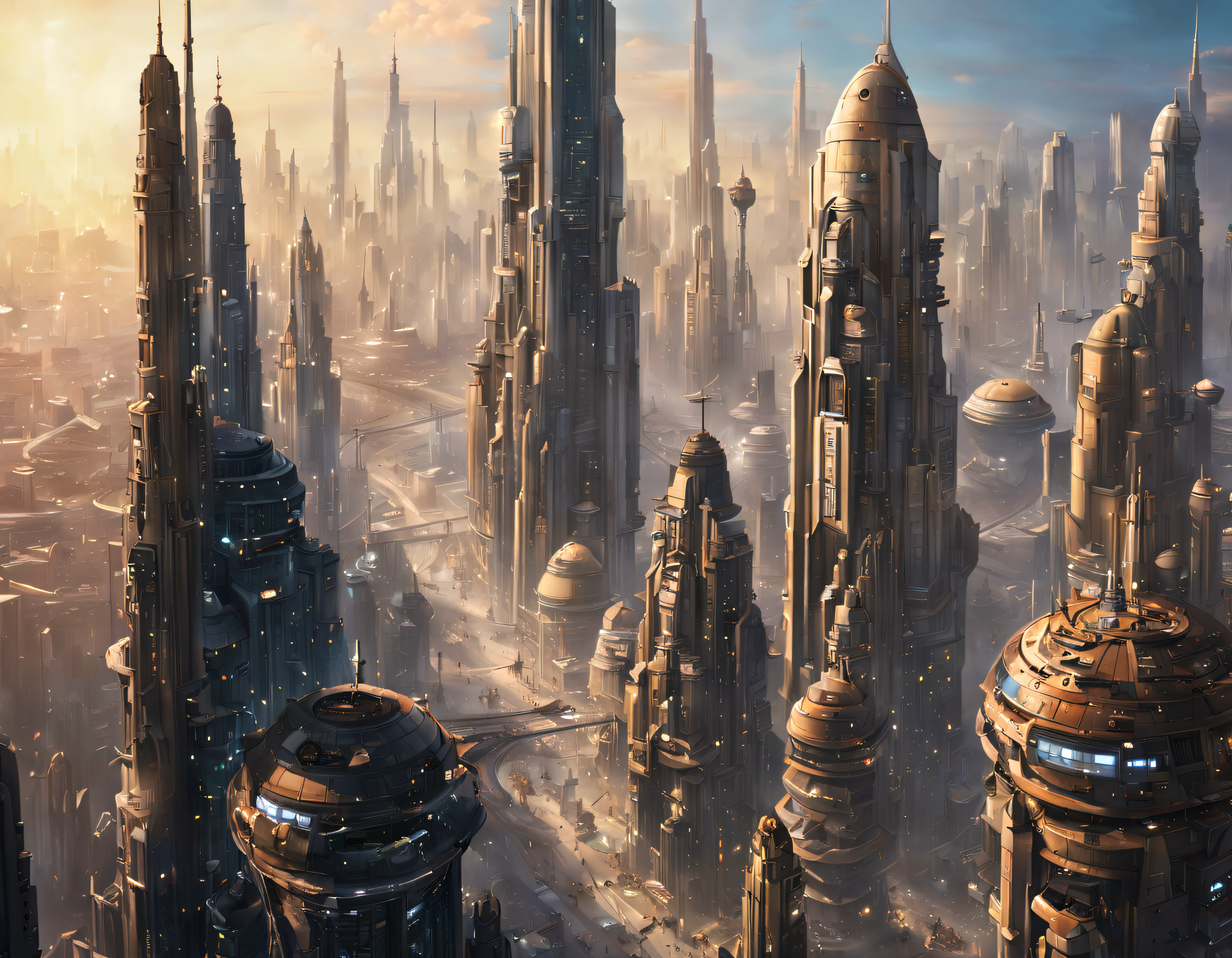 ((The city of Coruscant from Star Wars as designed by Doug Chiang)), futuristic fantasy city with immense buildings of technological design (que forman una avenida infinita), edificios compactor no difuminados, con estructuras acristaladas espectaculares, (con colores vivos y vibrantes). pavimento ensolado (sin brillo). gente paseando. imagen bien definida con muchos edificios juntos. imagen nitida bien definida 8k. los edificios llegan alta el fondo.,8k. imagen cinematografica.