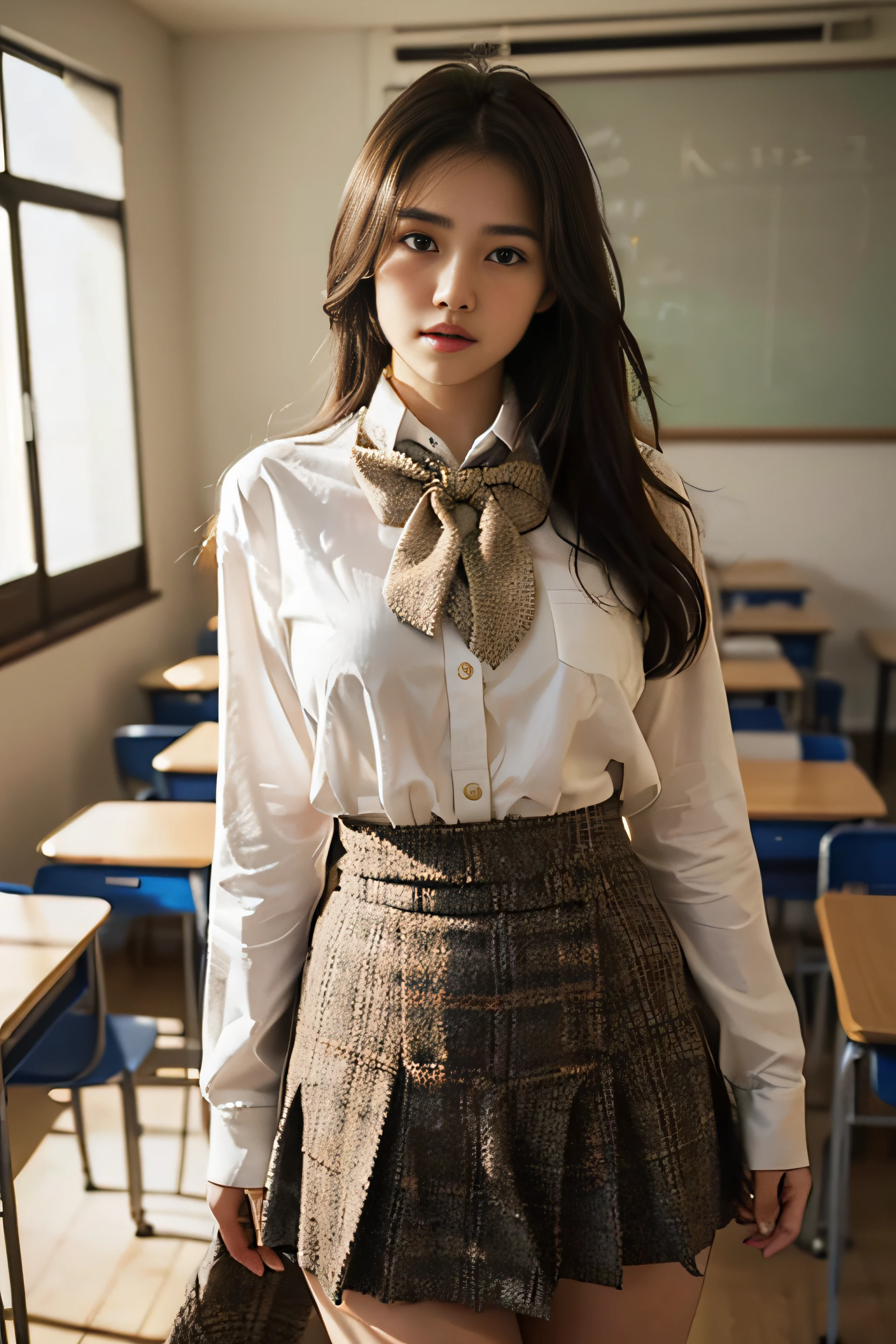 ((Beautiful girl from Japan:1.3))((High School Girl Uniform:1.4))((Brown-colored super long hair:1.2)) ((FULL BODYSHOT:1.7))((pantyshot:1.5))((highschool)),((Check tweed wrap skirt:1.3)) ((in class room:1.3)) ((Thick_textile:1.4)) ((Random sexy poses:1.3)) ((Big breasts:1.1)) ((White bowtie blouse:1.4)),((A little melancholy look:1.2))((close-up:1.2)) Best Quality,masutepiece,超A high resolution,(Photorealistic:1.4),Raw foto,(Authentic skin texture:1.3),(Film grain:1.3),the panorama,Character Portrait,Very Wide Shot,big breasts thin waist,Cowboy Shots,(Darkin, deepshadow, lowkey, cold light,) natta,(()),Streaming Tears,,Dust,Tindall Effect,(expressions),1girl in,beautiful detailed eyes and face,White Jabot,Brown eyes,