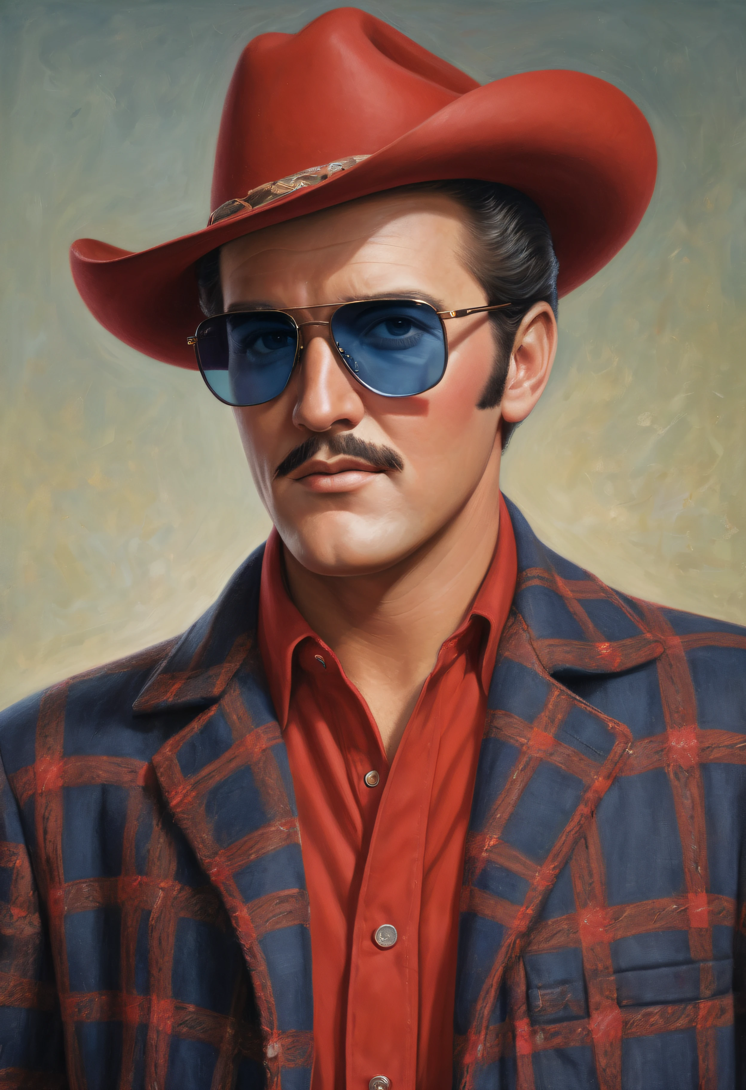 Lee Majors/George Reeves/Elvis Presley hybrid, 180 pound man with a mustache, wearing red and black checkered cotton coat, blue jeans, a felt cowboy hat, sunglasses, extremely short, buzz-cut hair and a thin, dark mustache, cobalt-blue eyes, oil painting on canvas in the art style of Julie Bell